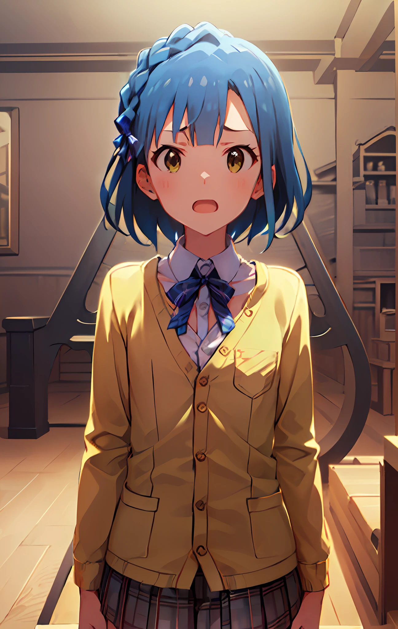 yuriko nanao (million live). Short stature. (((white t-shirts))).(((Skirt))).(((masterpiece))).(((best quality))).((Ultra-detailed))).(((illustratio))).(((a room))).(((make a fist))).(((up chest))).Despair face.(((short-hair))).((Medium chest)).((Opening Mouth)).