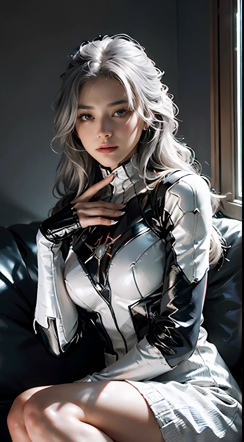 (Extreme Detail CG Unity 8K wallpaper, masterpiece, highest quality), (Exquisite lighting and shadow, highly dramatic picture, Cinematic lens effect), a girl in a white Spider-Man costume, silver gray hair color, from the Spider-Man parallel universe, Wenger, Marvel, Spider-Man, sitting on the couch, dynamic pose), (excellent detail, excellent lighting, wide angle), (excellent rendering, enough to stand out in its class), focus on white Spider-Man costumes, complex spider textures