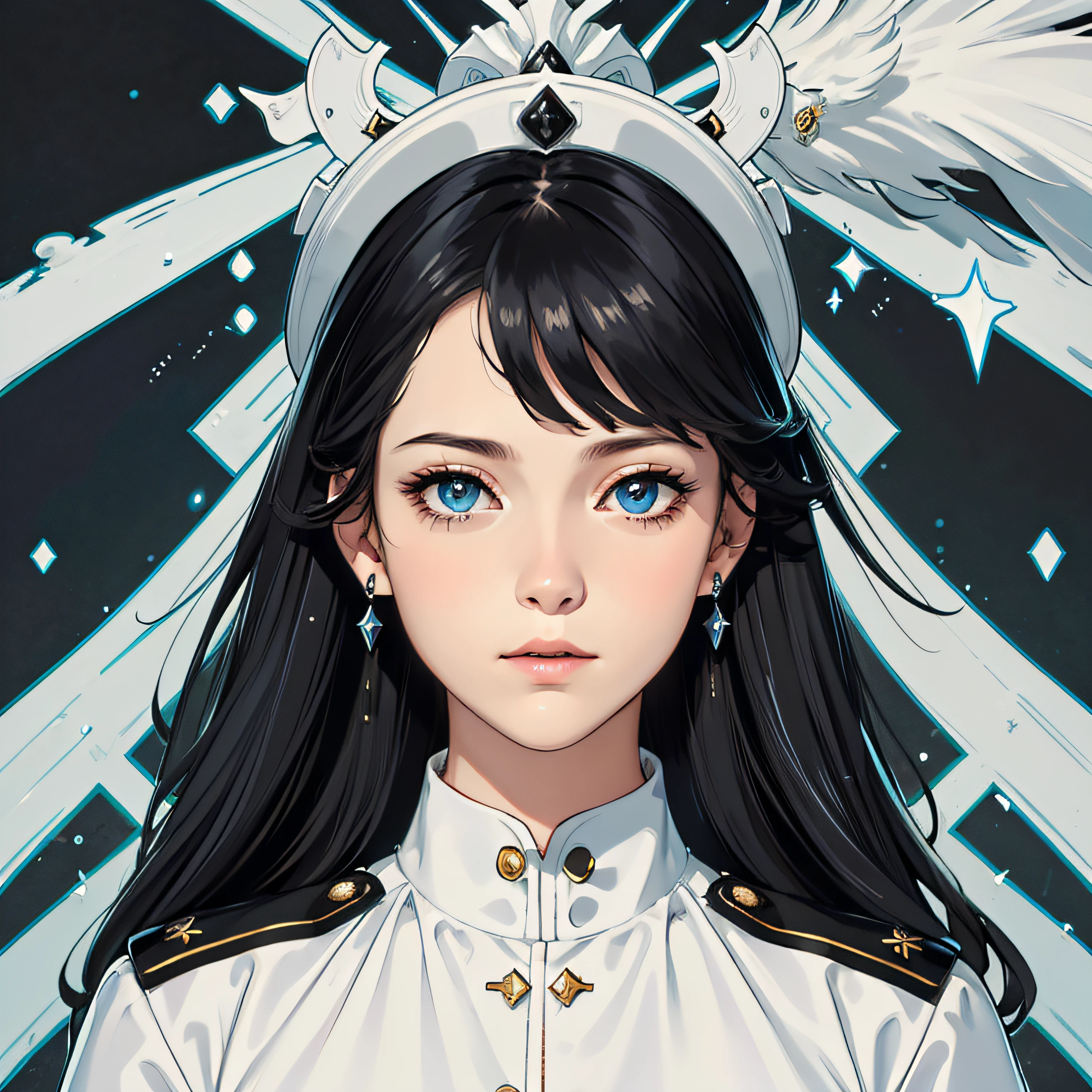 tmasterpiece,A high resolution,Girl all over,The expression is serious,Black hair,eBlue eyes,Pan head,Black military uniform,Background snow,eyes glowing,With earrings,realisticlying,Face details,A high resolution,UFO Club painting style,Fate painting style,black dressed evening dress,Crown on head,ssmile