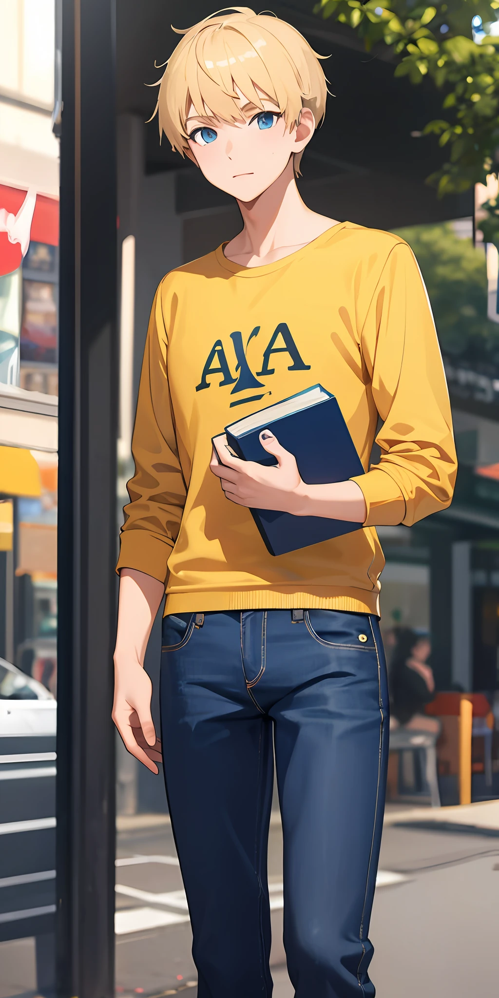 Blonde boy in casual jeans，Holding a book in his hand，There is a capital A on the clothes