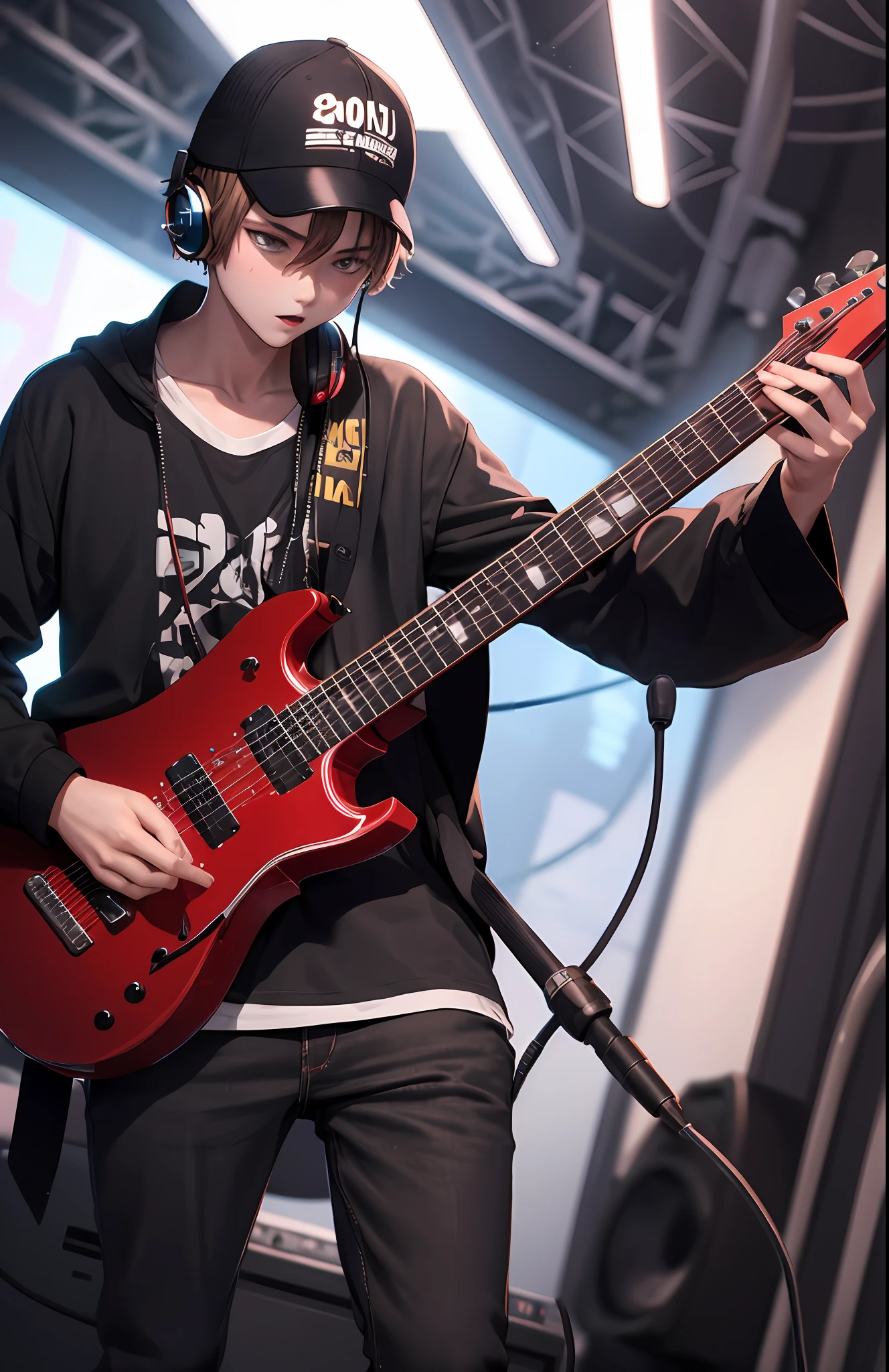 A boy with，Wear handsome and loose clothes，Wearing a cap，holding microphone in hand，With large headphones，He has a red guitar on his body