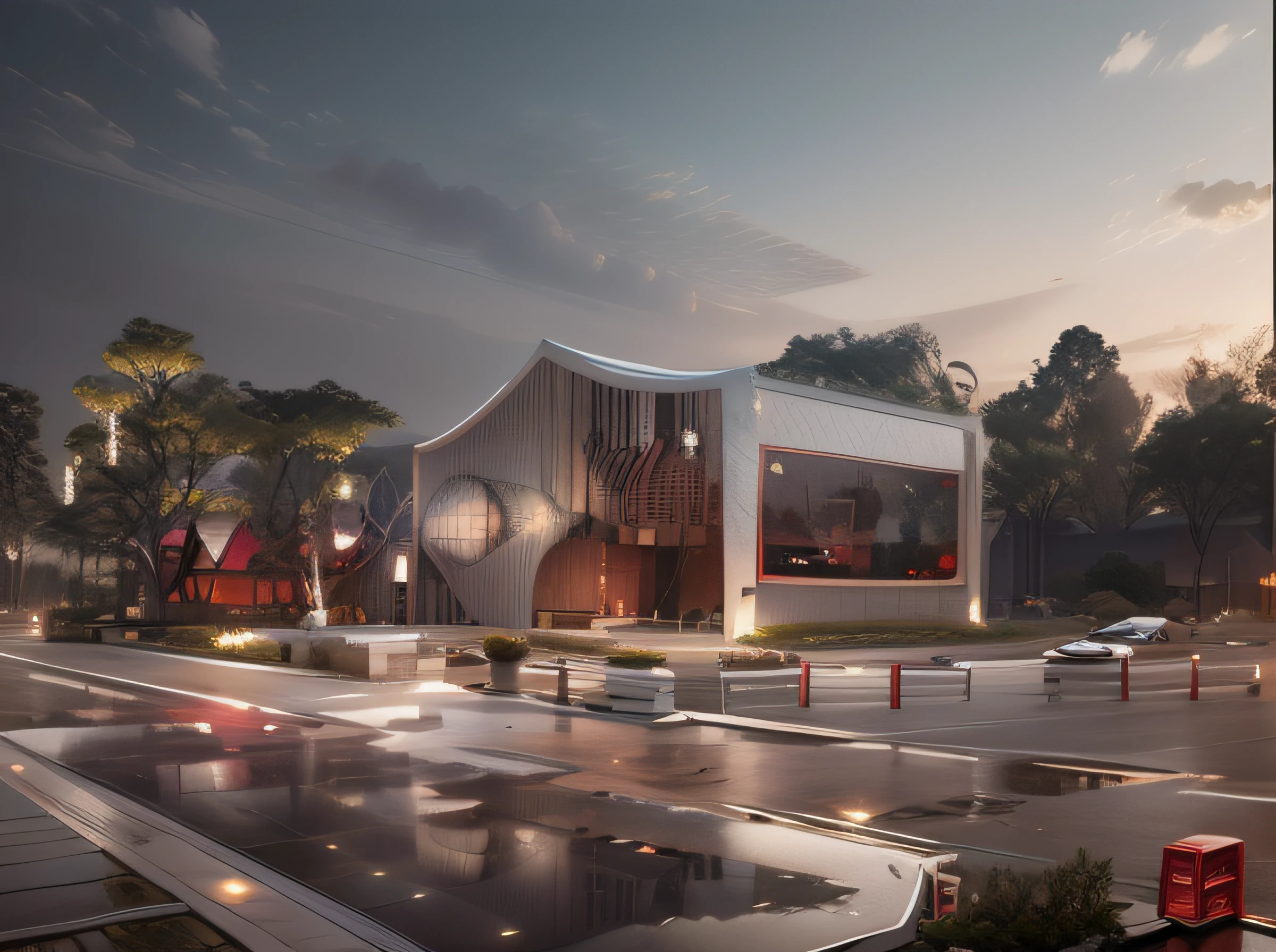 Minimalist service building,Creative geometric architecture,Single-storey building,To what body,Get creative,New China Service Station,Chinese architecture,High-speed service stations,(Booth)Convenient service station, Separate building on open space,full building,New Chinese style,Floor-to-ceiling glass curtain wall, -view,up front view,
