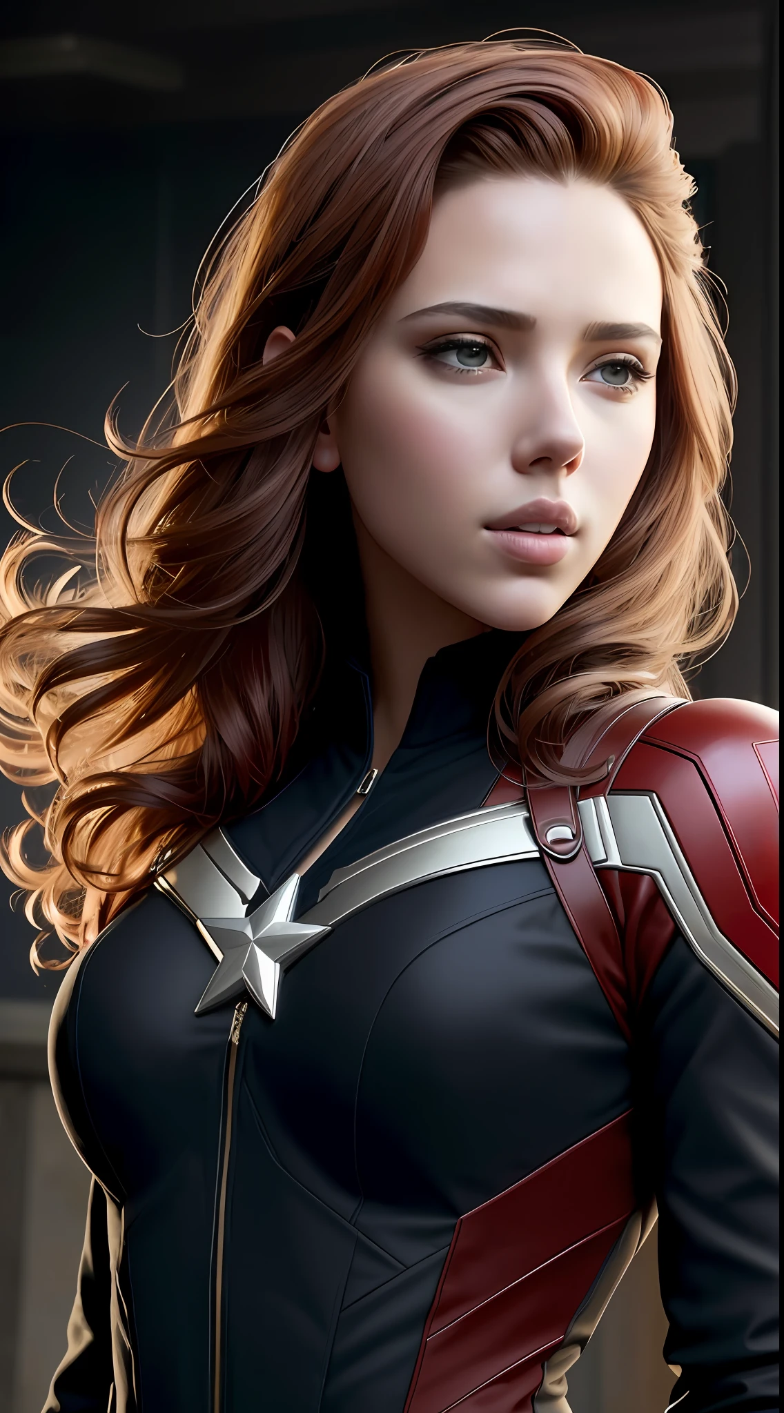 (masterpiece), (best quality), (photorealistic:1.3), 8k, detailed skin texture, detailed cloth texture, beautiful detailed face, intricate details, ultra detailed, scarlett johansson, Black Widow in the style of the Captain America, straight red hair, (full-length body:1.2)