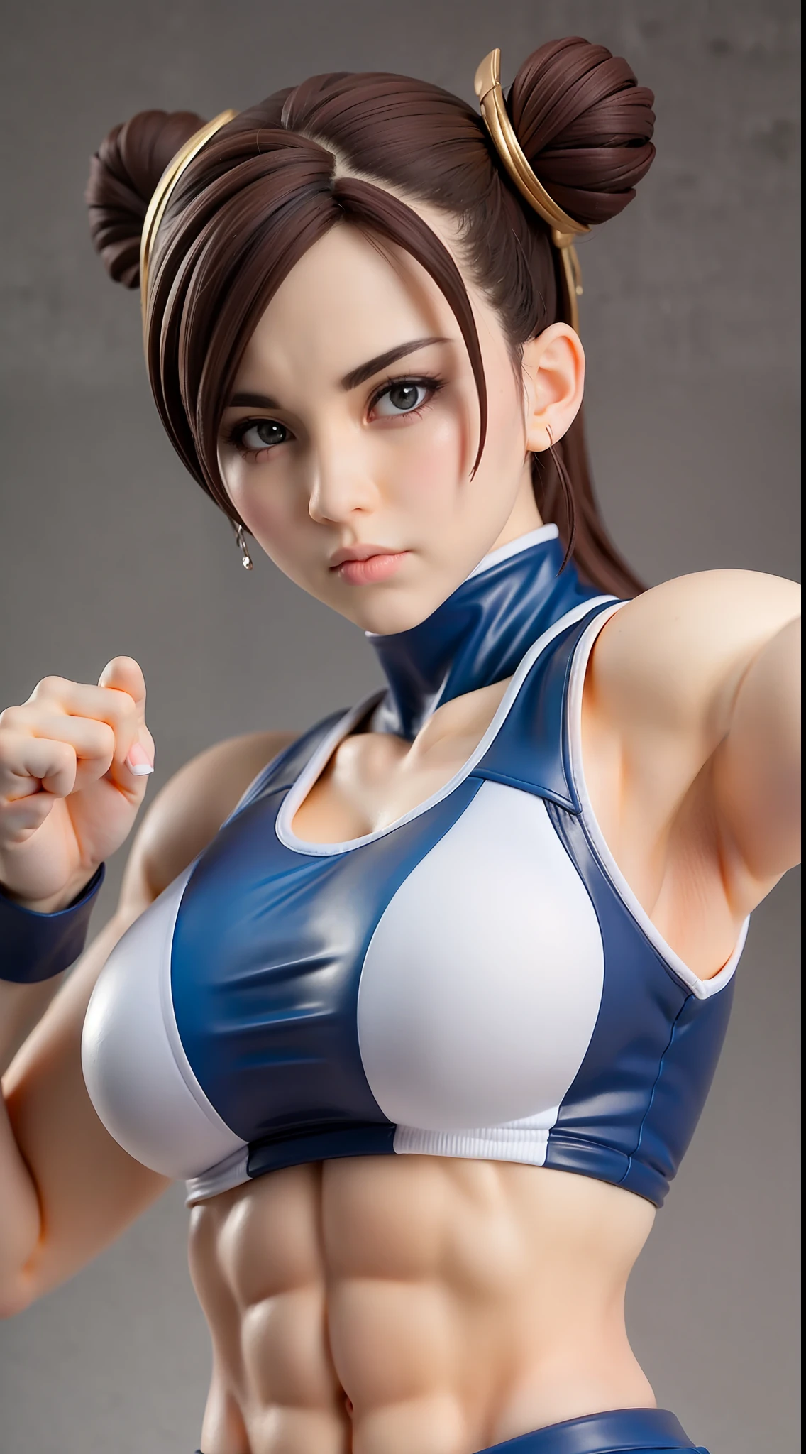 (Street Fighter Chunli),(Chun Li's classic look),(Two hair buns)Chun- li,Muscular woman posing for a photo, Crop top and(Abs), (Small chest 1.2),(Sexy clothing 1.2),Fitness woman, Perfect muscle structure, athletic body build, Sexy muscles, Body movement,Attractive body,(Classic fighting moves),Bust,Kodak 135 lens,Studio lighting