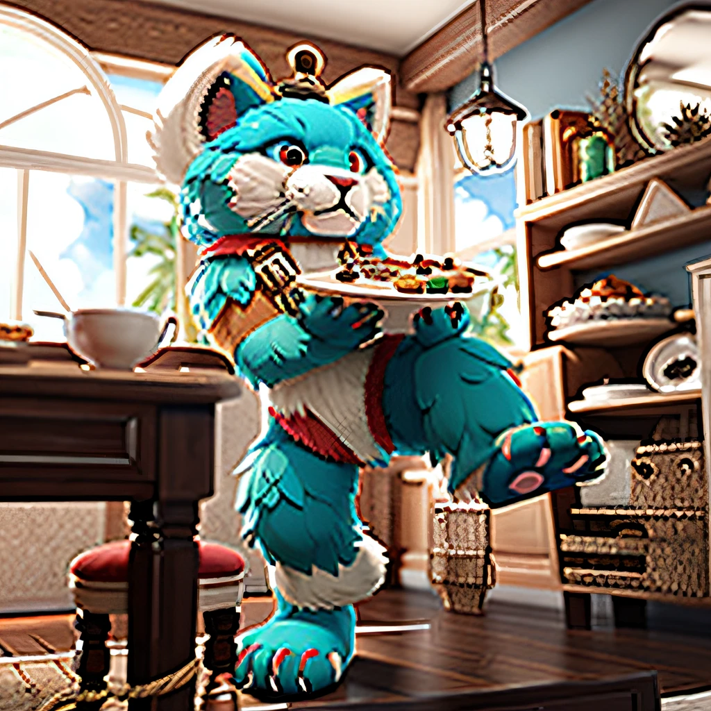 Close-up of a stuffed toy holding a plate of food, Furry character, Furry art, furry fantasy art, full body commission for, SFW version, fursona furry art commission, furry fursona, POV furry art, fur set, hyperreal rendering, Furry art!!!, 🌺 CGSesociety, very very beautiful furry art, ultra-realistic picture, lovely digital painting