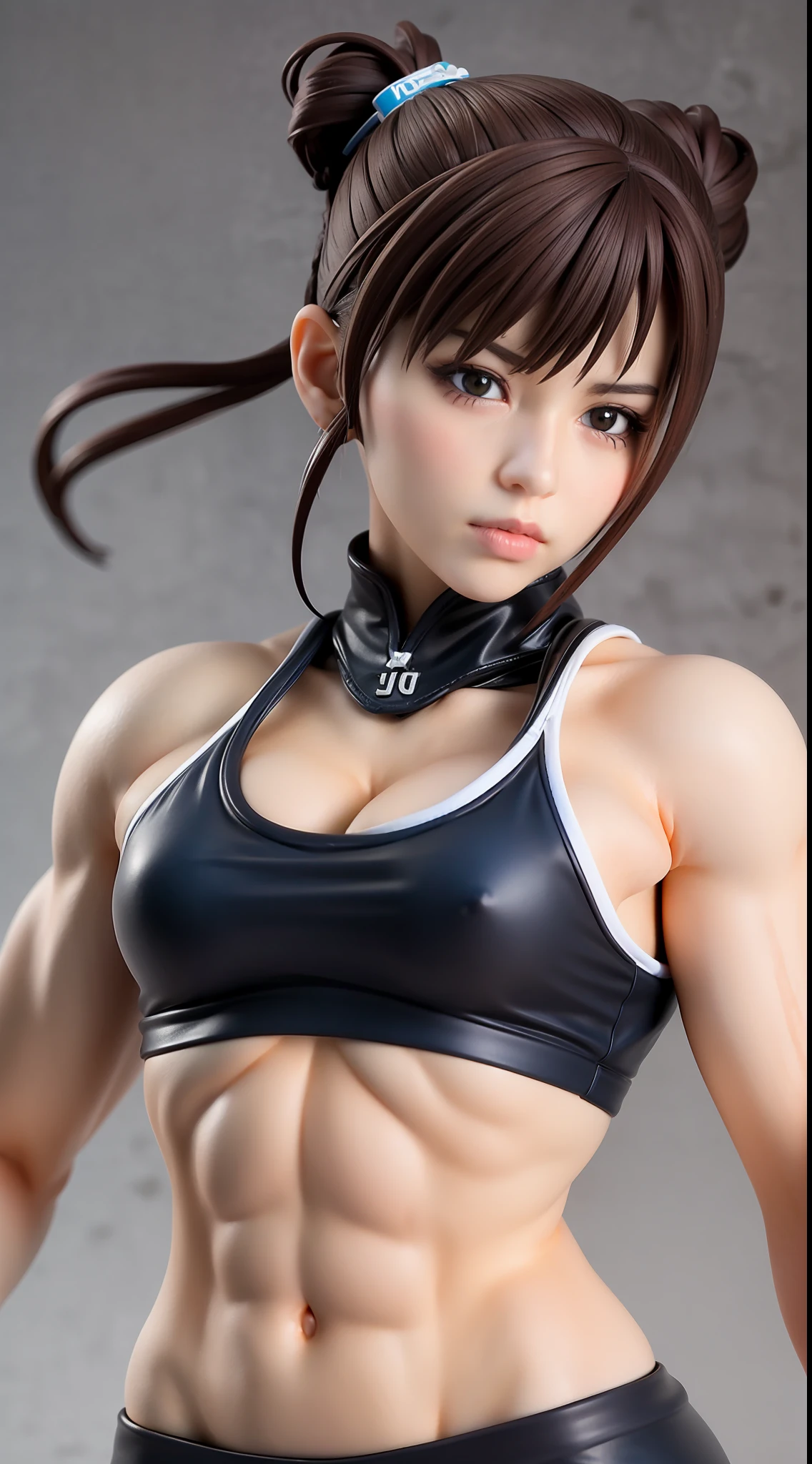 （Street Fighter Chunli），（Chun Li's classic look），（Two hair buns）Chun- li，Muscular woman posing for a photo, Crop top and（Abs）, （Small chest 1.2），（Sexy clothing 1.2），Fitness woman,  Perfect muscle structure,  athletic body build, Sexy muscles, Body movement,Attractive body,（Classic fighting moves），Bust，Kodak 135 lens，Studio lighting