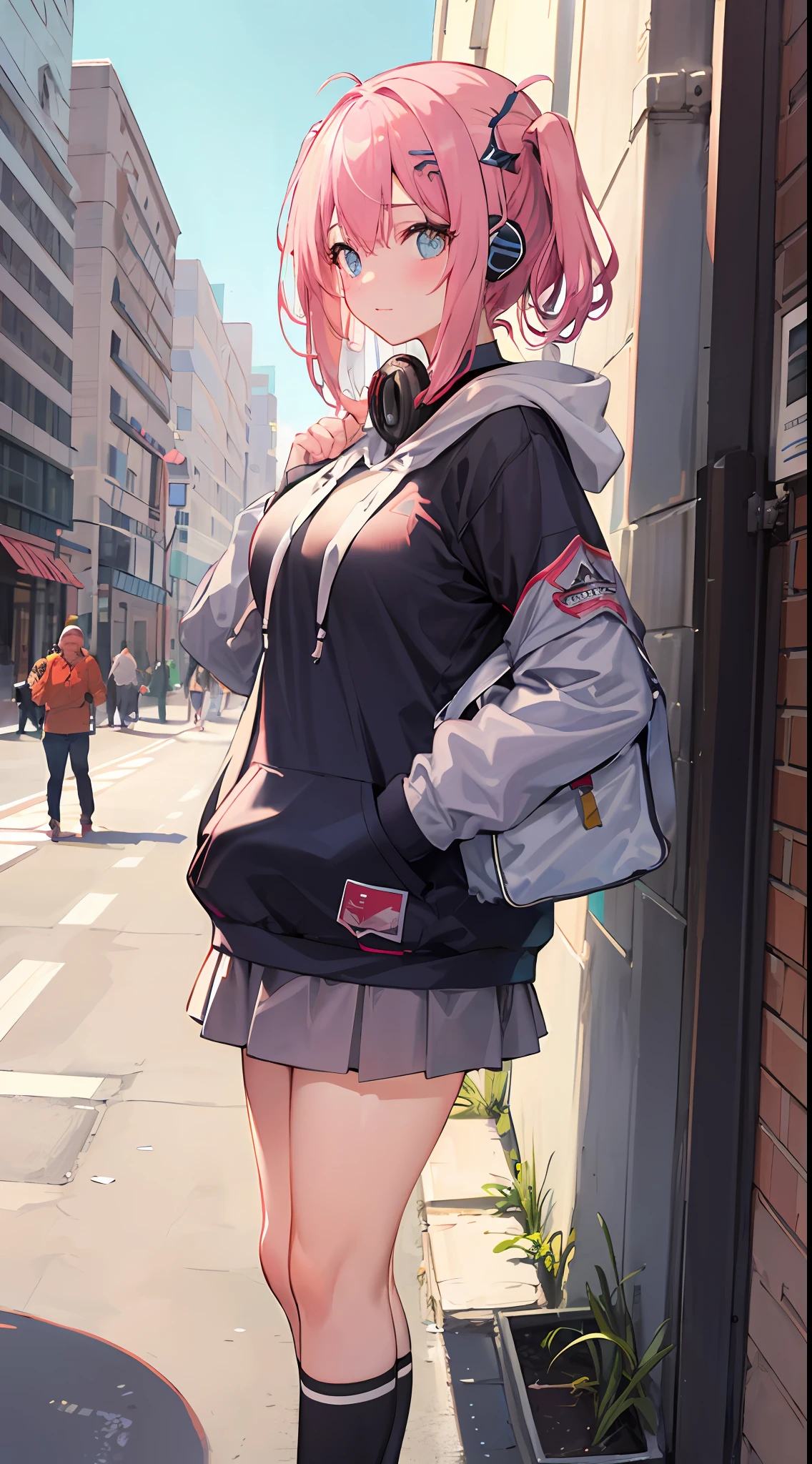 1girll,Large breasts,
Outdoors,Cityscape, street,standing,Cowboy shot,
(Hoodie),headphones around their necks,
Blush,
