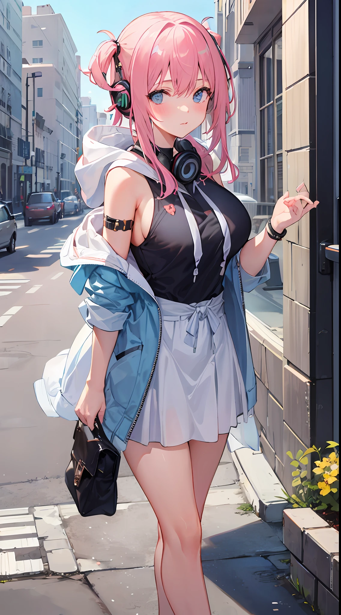 1girll,Large breasts,
Outdoors,Cityscape, street,standing,Cowboy shot,
(Hoodie),headphones around their necks,
Blush,