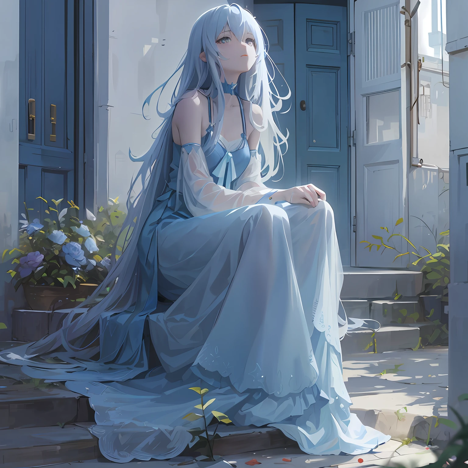 Anime - Stylistic image of a woman in a blue dress sitting on a step, Guweiz in Pixiv ArtStation, Guviz-style artwork, Anime girl with long hair, Beautiful anime artwork, Beautiful anime girl, beautiful fantasy anime, Beautiful anime art, Guweiz on ArtStation Pixiv, Guviz