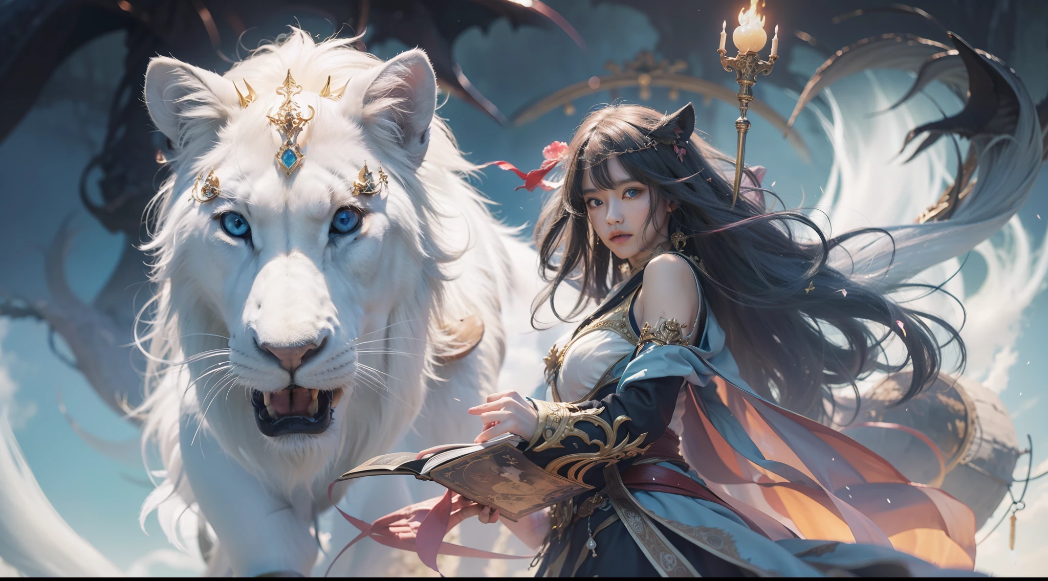 Magic Book,Blood,Night, Dark, (Fantasy),infinite,deep blue sky,The abyss of knowledge,Cowledge,((masutepiece)), (((Best Quality))),((Beautiful fine eyes)),(Eye lashes)、Very beautiful face、Beautiful girl riding a giant white lion、(女の子1人)、Black hair、The long-haired、abyss eyes、glowy skin、oils、small tits、Perfect human body structure、Wizard robes、tattered cloth、Realistic coat、Teenchi、Super delicate CG Unity 32k wallpaper、​masterpiece, ((ultra-detailliert)), ((illustratio)),colourfull,wall-paper,The energy,Unknown terror,Incomprehensible,Around the magic,Magical surroundings,magic wands,Boken,Flying pages,Know everything,Predict the future、Get to know the past、Infinite wisdom、blue flames、Warlock、magic circles、Pentagram、Spells、mantra、Singing magic