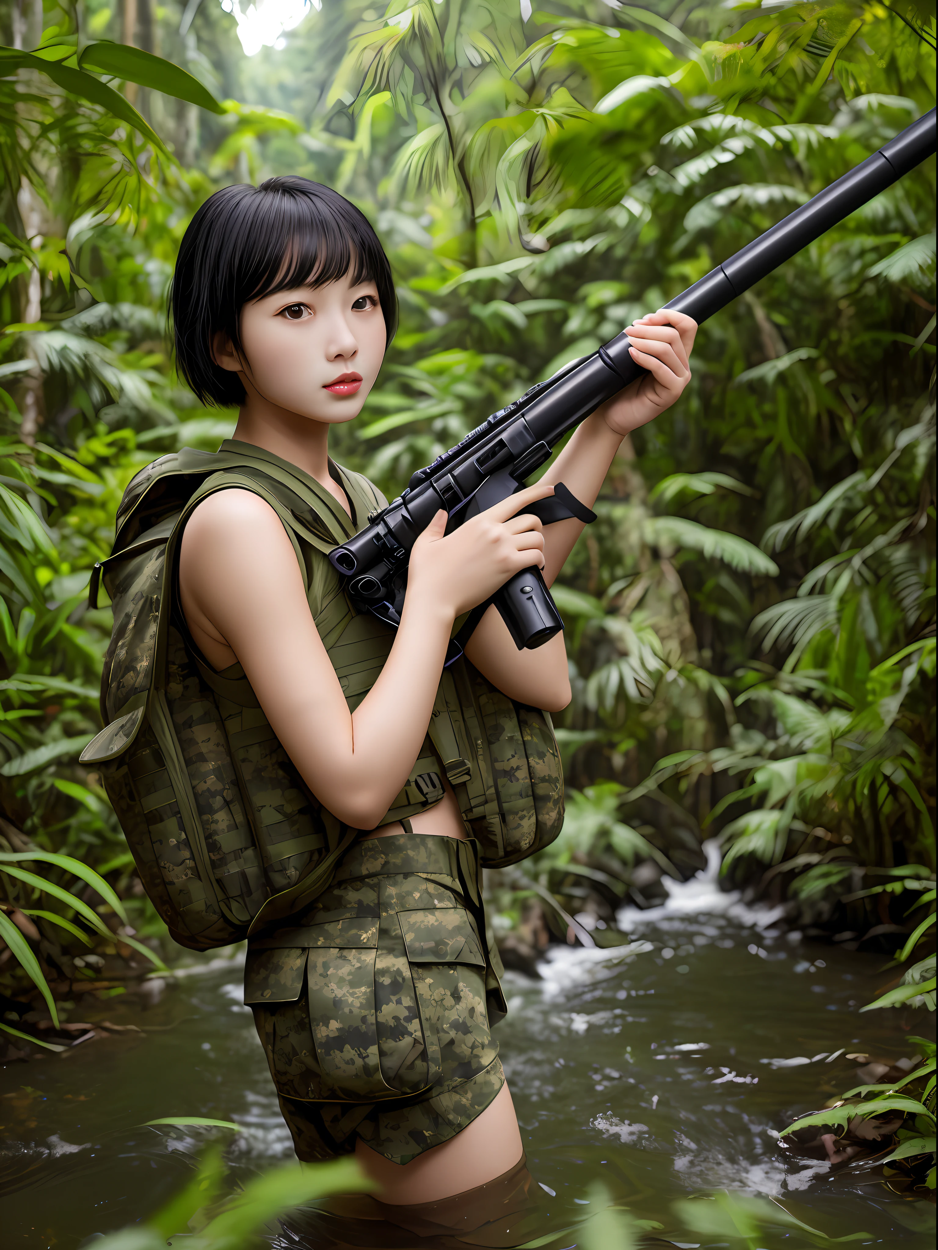scenecy,photography of,Ultra photo realsisim, (solo), 1 pretty Chinese girl,holding alpenstock,with short black hair,Wear camouflage,Back military bags,In the jungle,many Small animals surrounded,small stream,inverted image,Perfect body,delicate face