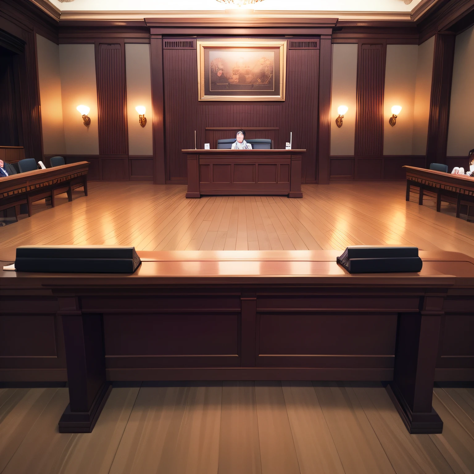 In the center of the poster is a scene from the courtroom，The whole scene presents a solemn and solemn atmosphere。At the centre of the courtroom is a large podium，Above hangs a balanced balance，It symbolizes justice and balance。Behind the rostrum is a solemn judge，The judge is dressed in a judge's robe，Sit high，Show a fair and authoritative temperament。

The judge looked straight ahead，Mallet in hand，Prepare to preside over the trial。Judge to the left，This is the plaintiff's seat，The plaintiff's lawyer sits in the plaintiff's seat，They looked serious、Steadfast，Preparation of case and defense statements。To the right of the judge，This is the pier，The accused and his defence counsel sit in the dock，They are nervous and alert，Prepare responses to allegations and defenses。