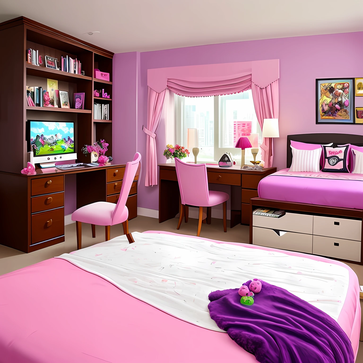 Romi's bedroom exudes a romantic atmosphere,The main colors are pink and purple,Create a fairytale dream space。
There is a fine glass cabinet in the corner of the room,Inside, various figures and models are on display。Each two-dimensional character is carefully placed,The details come to life,It's as if listening to the voice of the visitor。
On one wall of the bedroom is a huge floor-to-ceiling window,Through it,You can see the glamorous cyberpunk world outside。Flashing neon、High-rise buildings,Adding a futuristic and unique atmosphere to Romi's bedroom。
The bed is covered with soft pink and purple sheets,Comes with fluffy throw pillows and warm blankets。At the head of the bed sits a small delicate purple table,It contains Romi's favorite anime magazines and manga books。
Next to the glass cabinet is a work area designed for electronic devices。There is a high-performance computer and a large monitor,Use it to play the latest games and watch high-definition animations。The computer desk is neatly placed with various gamepads and mice,Bring the ultimate gaming experience to Romi。