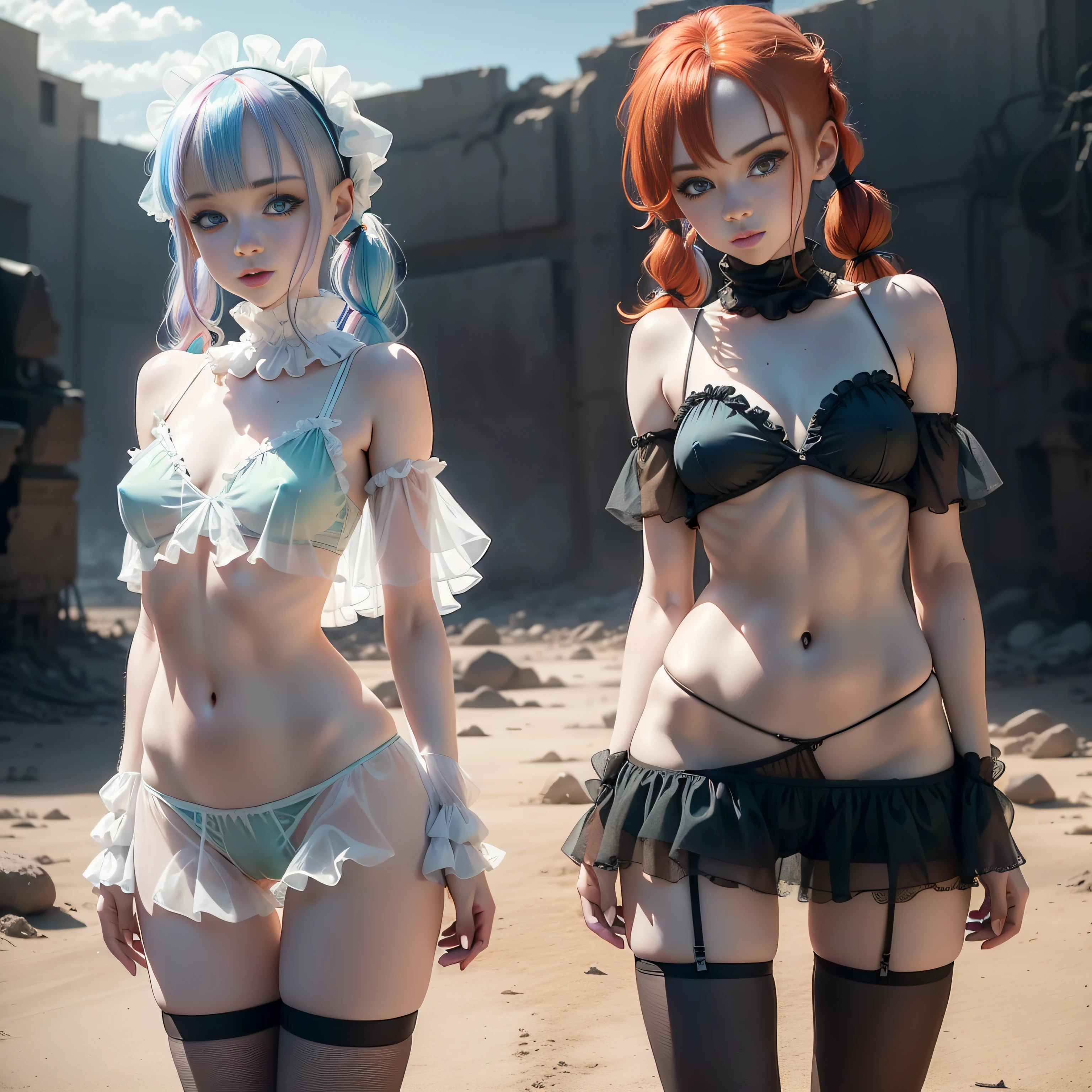 cute redhead woman in twin tails, multiple rainbow colored hair, sky-blue eyes, happy, Ukrainian, petite, pale skin, ((nsfw)), wearing a (frilly) ((translucent)), ((sheer and see through clothing)) green color string bikini, but black pantyhose covering her body, post apocalyptic background, bleak barren desert, photo realistic woman, only one woman.