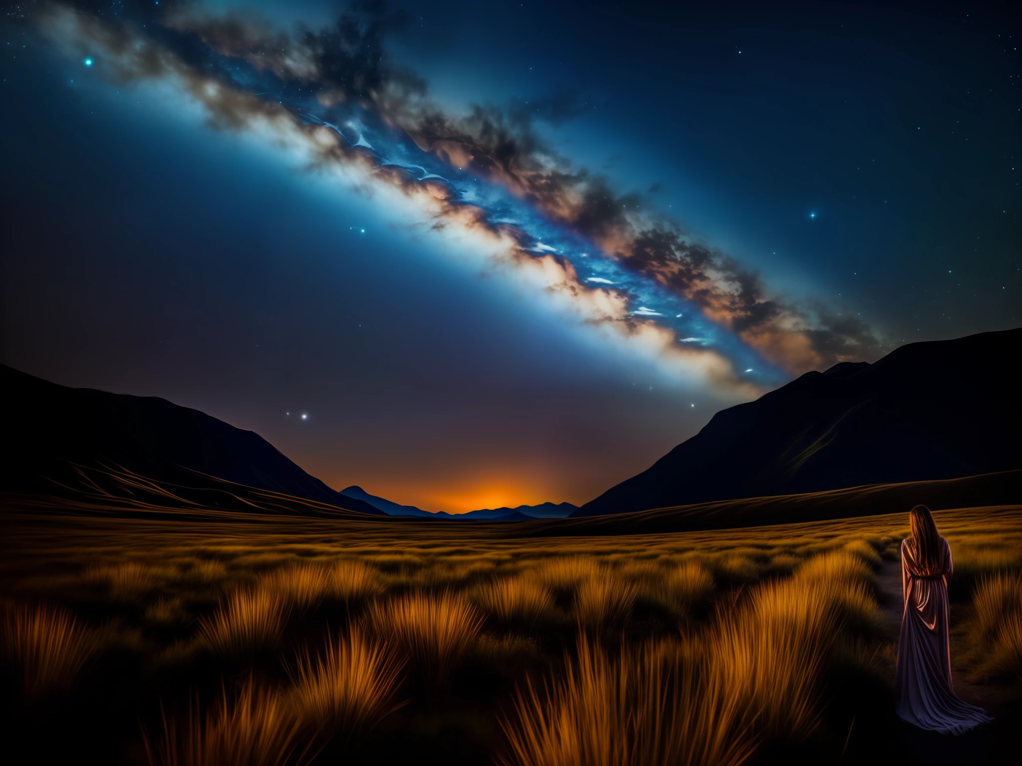 the Milky Way , photorealistic portrait , nighttime , 1girls , mountain , beautiful background , ultra-detail landscape , dress