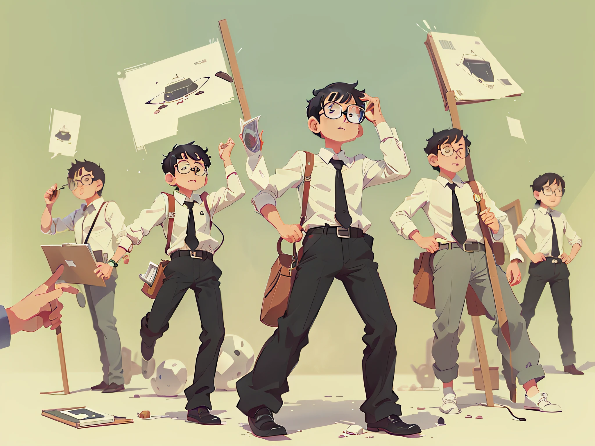 A male teacher，with short black hair，Wear a white shirt, Wear black square glasses，Dizzy，Minimalism.", Blind box toy style, Ghibli-like colors, Anime style, multiple views, outside border, Cowboy shot, Super detail, Best quality