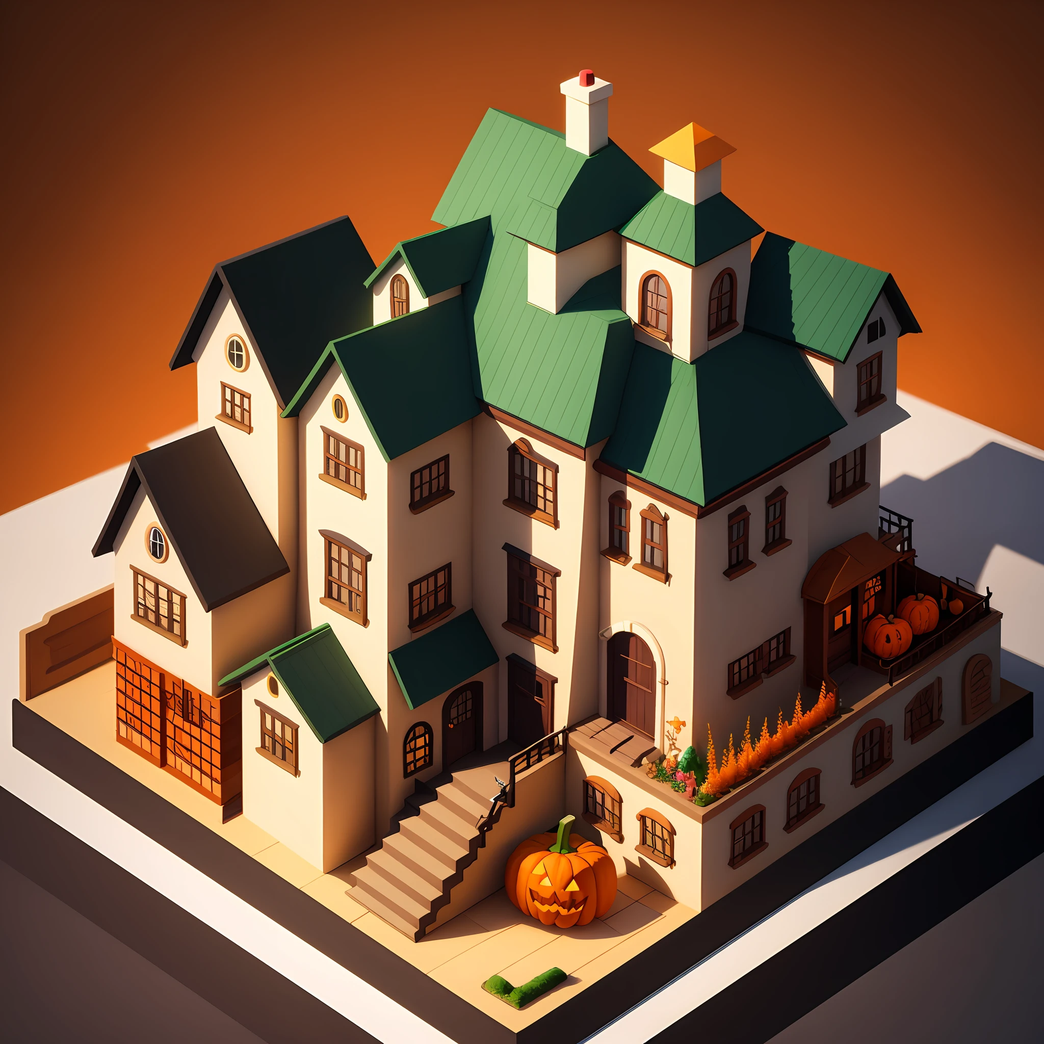 Isometric house,(45-degree perspective from top to bottom),cartoony,Pumpkin House,the phantom,black cats,idyllic,cute building,Huge pumpkin signboard,Blank background,Clear structure,The right light and shadow,3Drenderingof