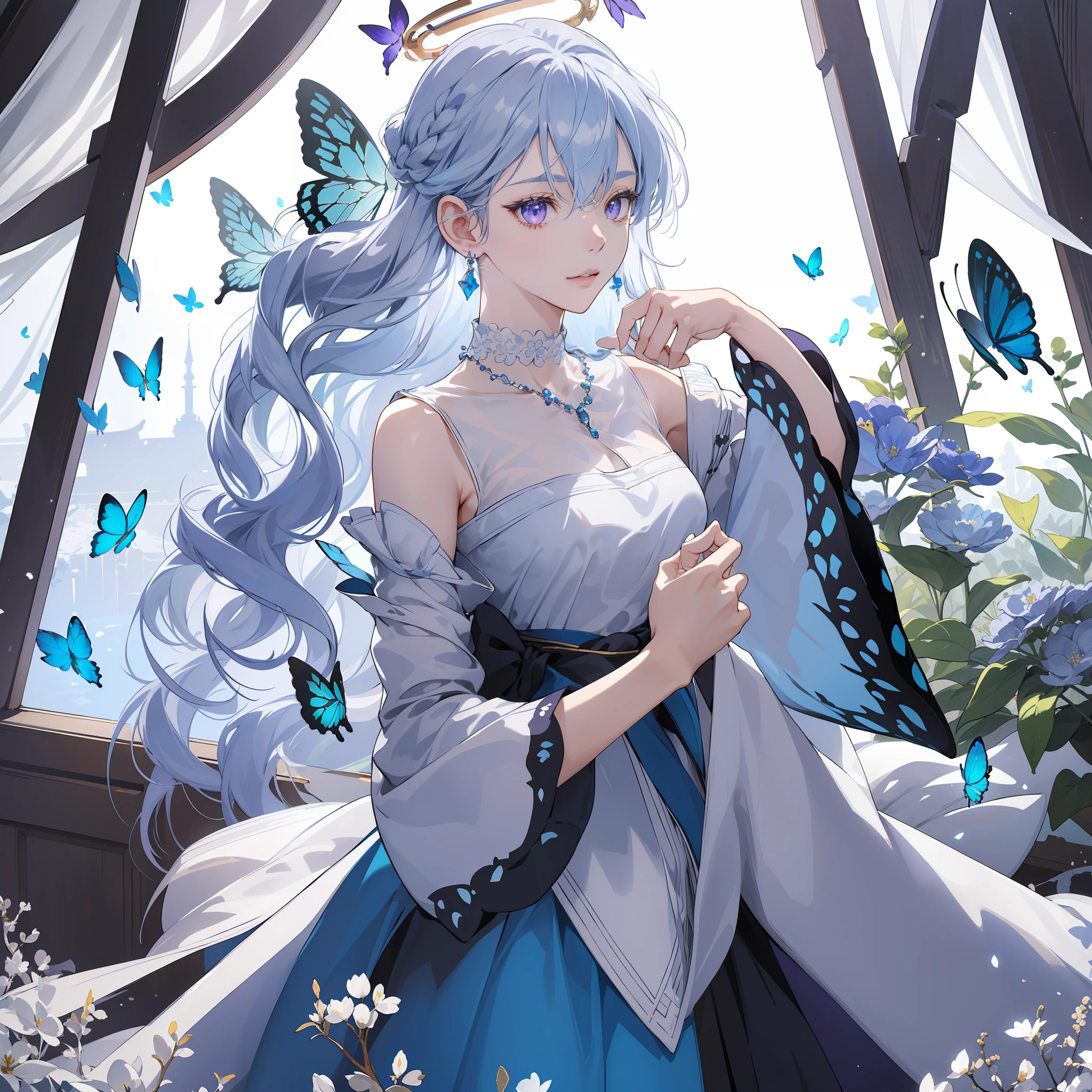 (Masterpiece, Best Quality: 1.4), Detailed Background, White Crystal, Crystal Cluster, Long Hair, Jewelry, Earrings, Necklace, Crown, Bride, White Hair, Halo, (Overlook), Dynamic Angle, Ultra Detailed, Illustration, Close Up, Direct Look, 1girl, (Fantasy: 1.4), (Purple Eyes: 1.233), Her Eyes Shine Like Dreamy Stars, (Glow Eyes: 1.233), (Beautiful and Delicate Eyes: 1.1), (Silver Hair: 1.14), (Messy Hair, Very Long Hair, French braids, hair between the eyes, side hair), (+(blue hair flower: 1.14)), (chiffon dress, uniform blue flower pattern)/= (military uniform: 1.24), (split sleeves, wide sleeves), (fingerless gloves), choker, (miko thighhighs), high heeled boots, (expressionless, shut up), (standing), (classical princess boudoir with dresser floor-to-ceiling windows white ancient palace), (white flowers, blooming), (deep sea), (flowing water), (dark blue world tree:1.14),(Ruins),(Night:1.2),dreamy,Soul,(fluorescent),(Flying Translucent Blue Butterfly:1.15),[Delicate Fingers and Hands:0.55]::0.85], (Finger Detail), (Yubao:0.5)