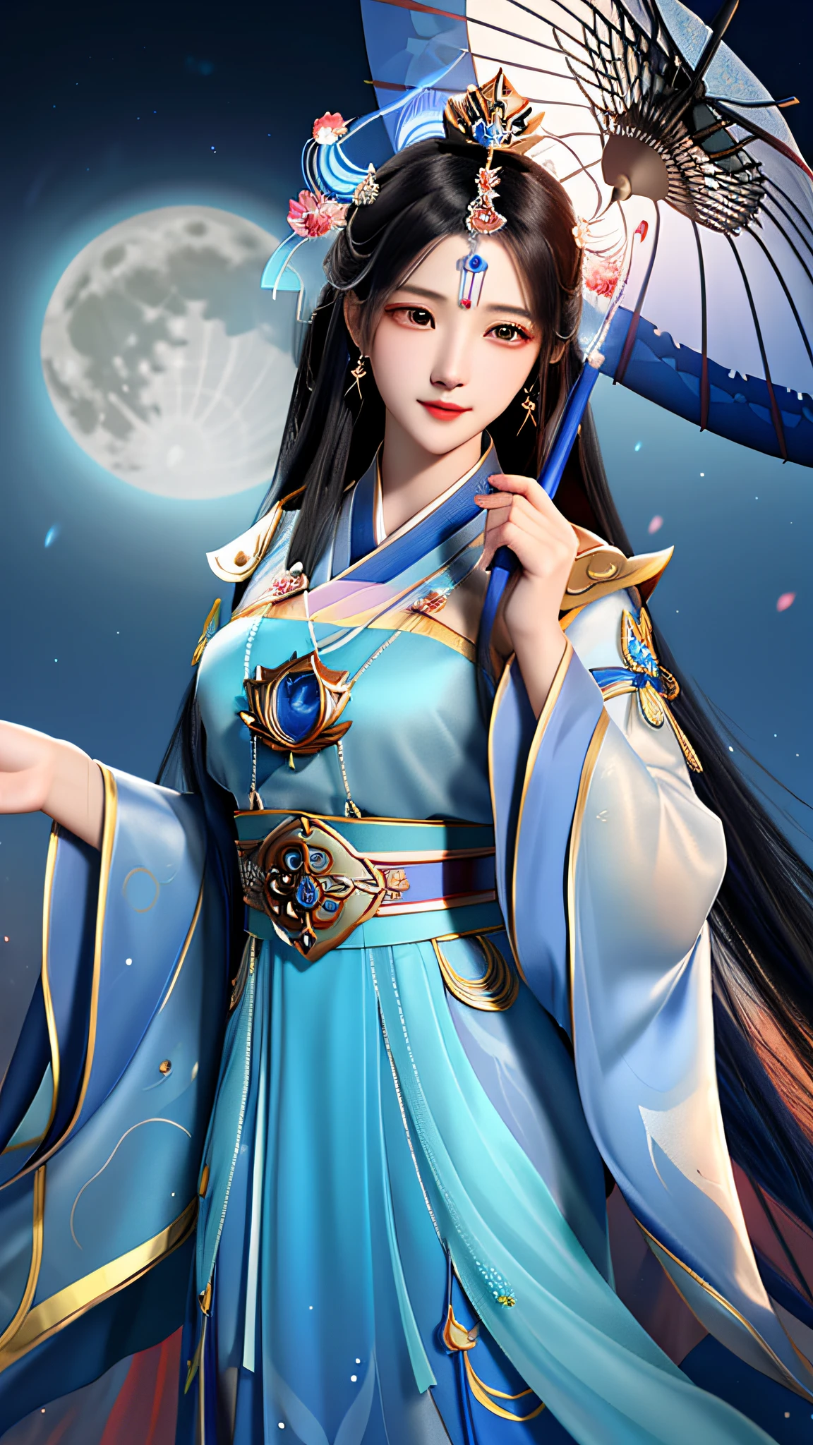 wearing blue dress,Arad woman holding an umbrella and a full moon, Palace , A girl in Hanfu, a beautiful fantasy empress, ((a beautiful fantasy empress)), trending on cgstation, Inspired by Lan Ying, full-body xianxia, Beautiful celestial mage, Inspired by Huang Ji, Princesa chinesa antiga, 8K high quality detailed art