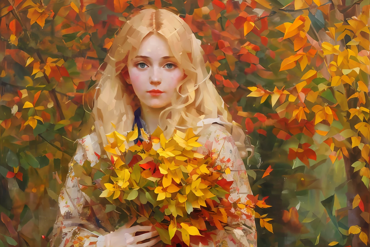 Russian girl, blonde long combed hair, A beautiful view of the autumn mood, holds in his hands a collected bouquet of yellow and red autumn leaves, ((in the style of Viktor Vasnetsov)), intricate brush strokes by Vasnetsov, Highly detailed, in languid tones