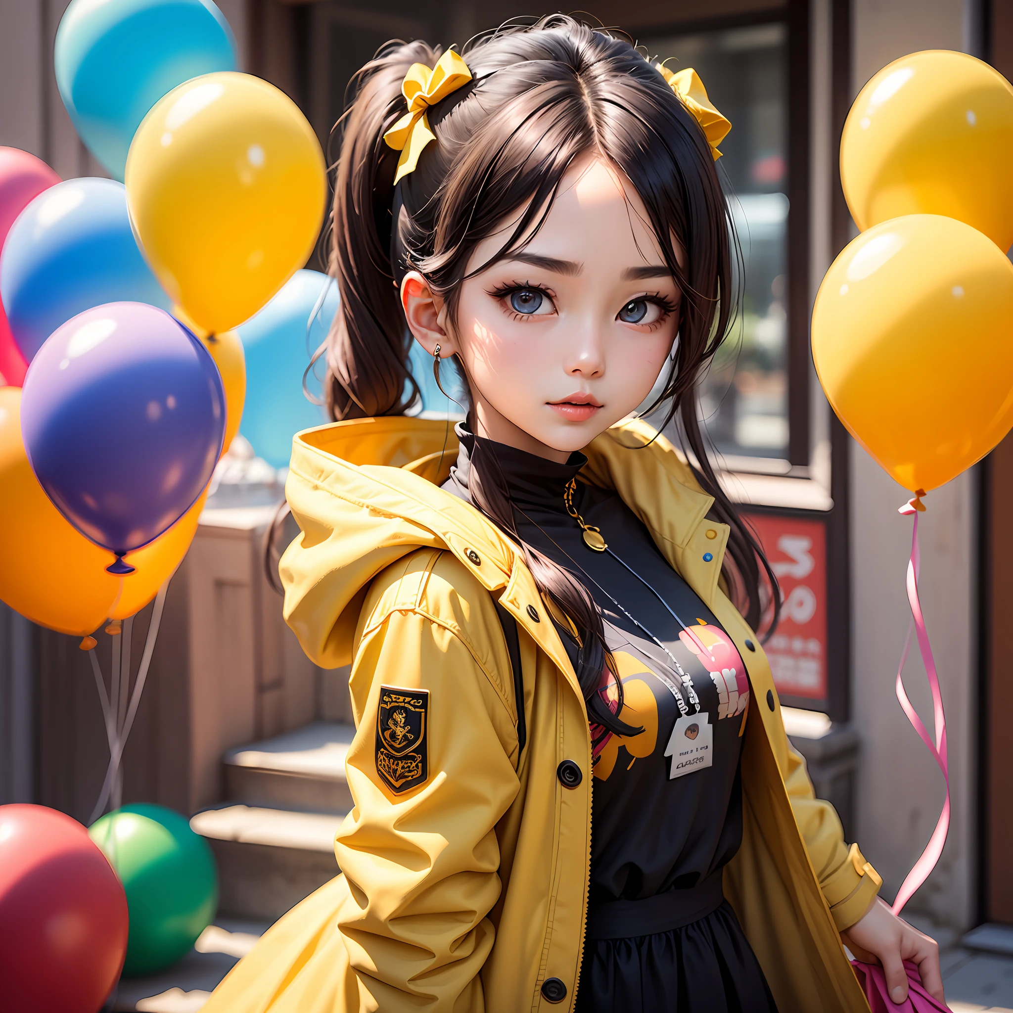 Sweet and cute girl,Colorful balloons,Yellow coat,Royal sister face,鎖骨,pony tails,perfect detail eyes,Delicate face,perfectcg,4k画质 --auto