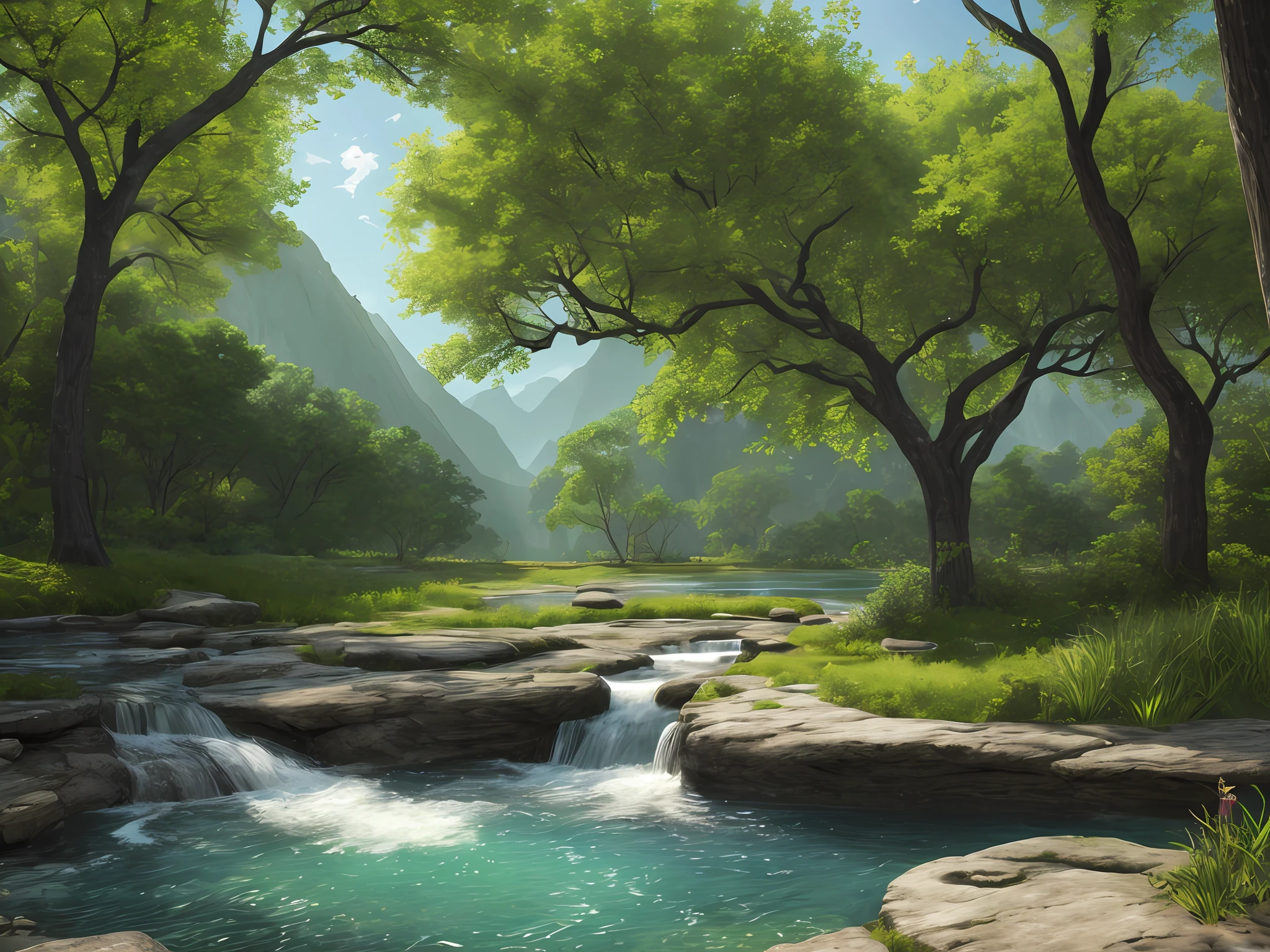 A breathtaking natural setting,A round of bright dusk sunlight gently sprinkles on the lush green trees,Illuminates the whole scene。The blue sky is scattered with a few white clouds,A tall oak tree stands in the center of the frame,The trunk texture is clearly visible,age-old,Traces of vicissitudes,The canopy is luxuriant,A sea of green,A small bird stops at a tree branch,A meandering creek meanders,The water of the stream is crystal clear,Stones and small fish frolicking in the water,A majestic mountain in the distance,Towering over the landscape,realisticlying,8k uhd,Studio quality,Ultra photo realsisim,max detail,massive scale,post-proces,realisticlying,photographrealistic,photoshop,photography of,A detailed,cinmatic lighting,scenecy,in a panoramic view,scenecy,Ray traching,cinema4d