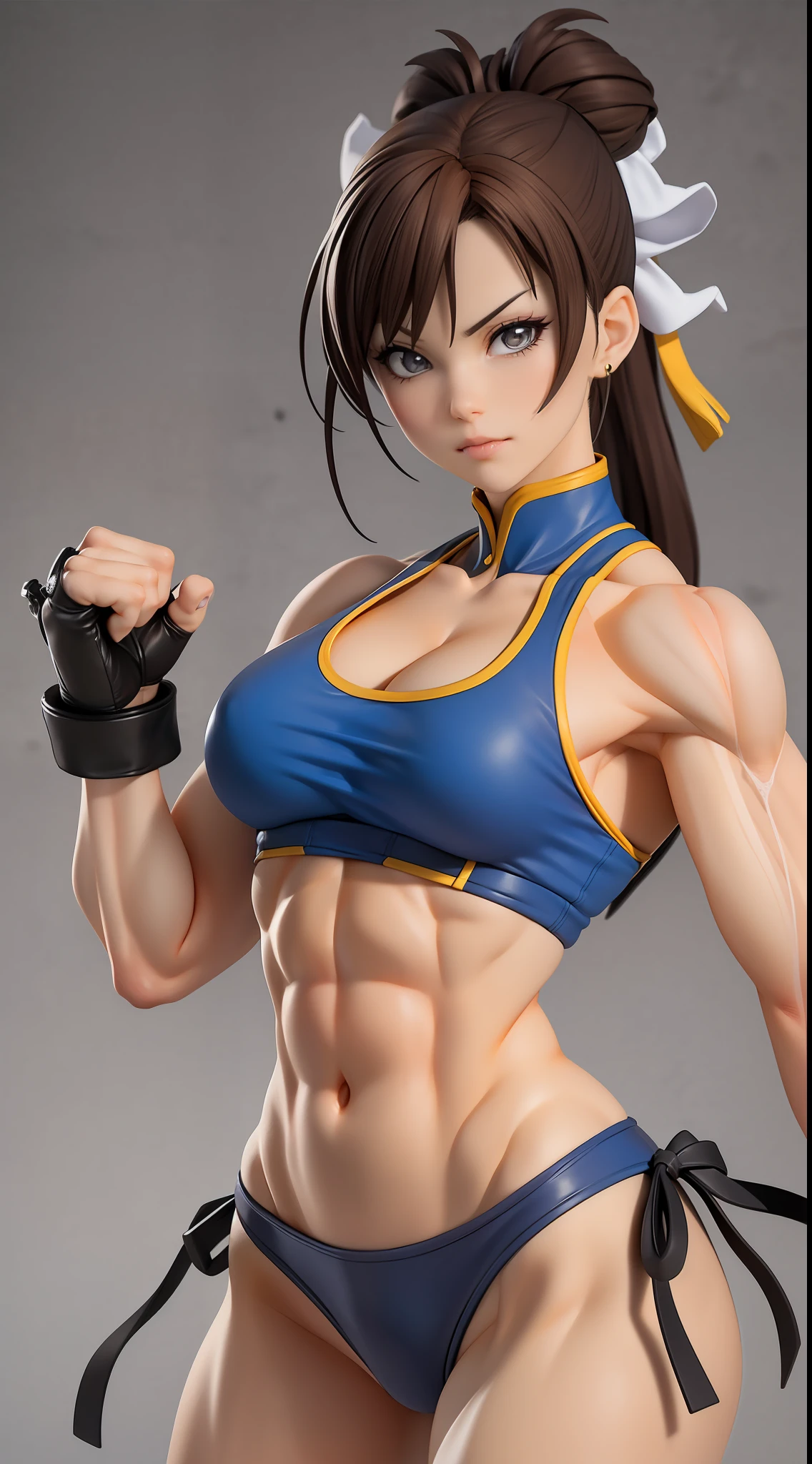 (Street Fighter Chunli),(Chun Li's classic look),(Two hair buns)Chun- li,Muscular woman posing for a photo, Crop top and(Abs), (Small chest 1.2),(Sexy clothing 1.2),Fitness woman, Perfect muscle structure, athletic body build, Sexy muscles, Body movement,Attractive body,(Classic fighting moves),Bust,Kodak 135 lens,Studio lighting