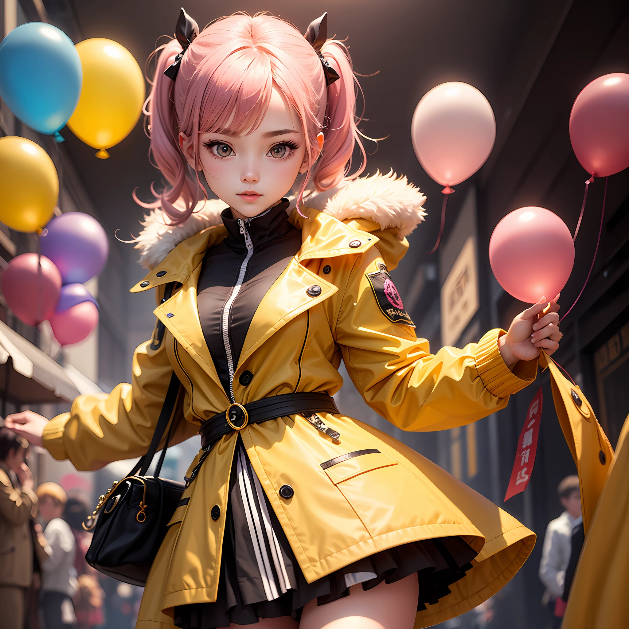 Sweet and cute girl，Colorful balloons，Yellow coat，Royal sister face，鎖骨，pony tails，perfect detail eyes，Delicate face，perfectcg，4k画质 --auto