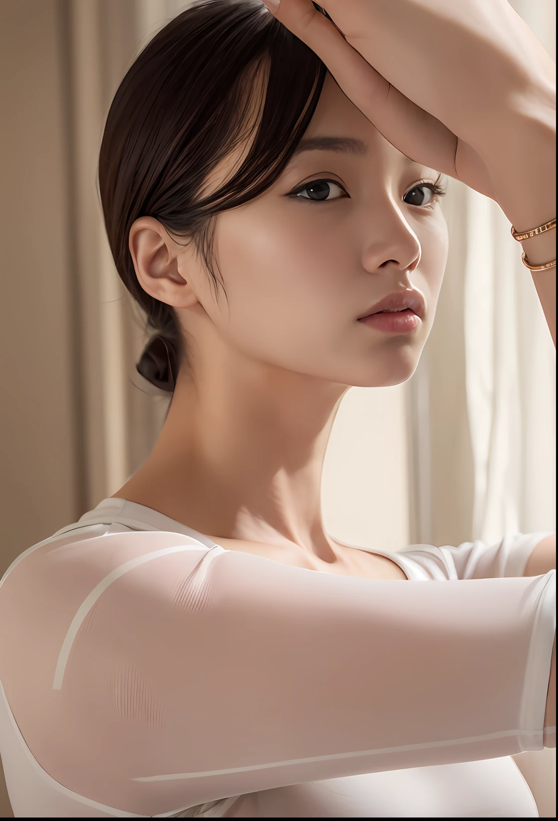 A woman in a white shirt is holding her head in her hands, seseon yoon, Kim Hyun-joo, woman with porcelain skin, inspired by Kim Tschang Yeul, shin min jeong, attractive neck, Kwak Ji-young, Choi Hyun-hwa, Kim Tae-joon, gongbi, jiyun chae, neck visible