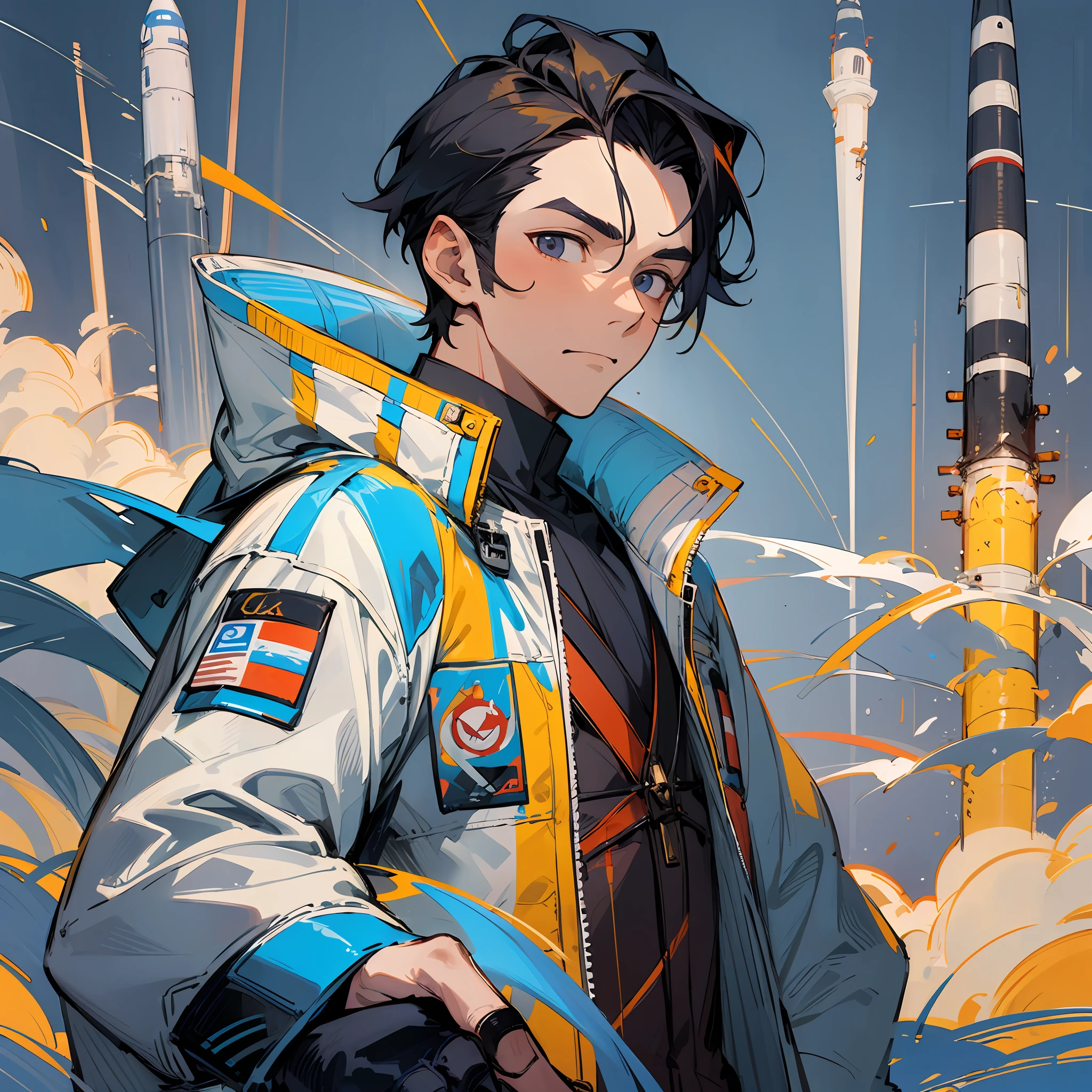 A handsome man,Clear facial features,Flat expression,Wide jacket,Holding a model rocket in his hand