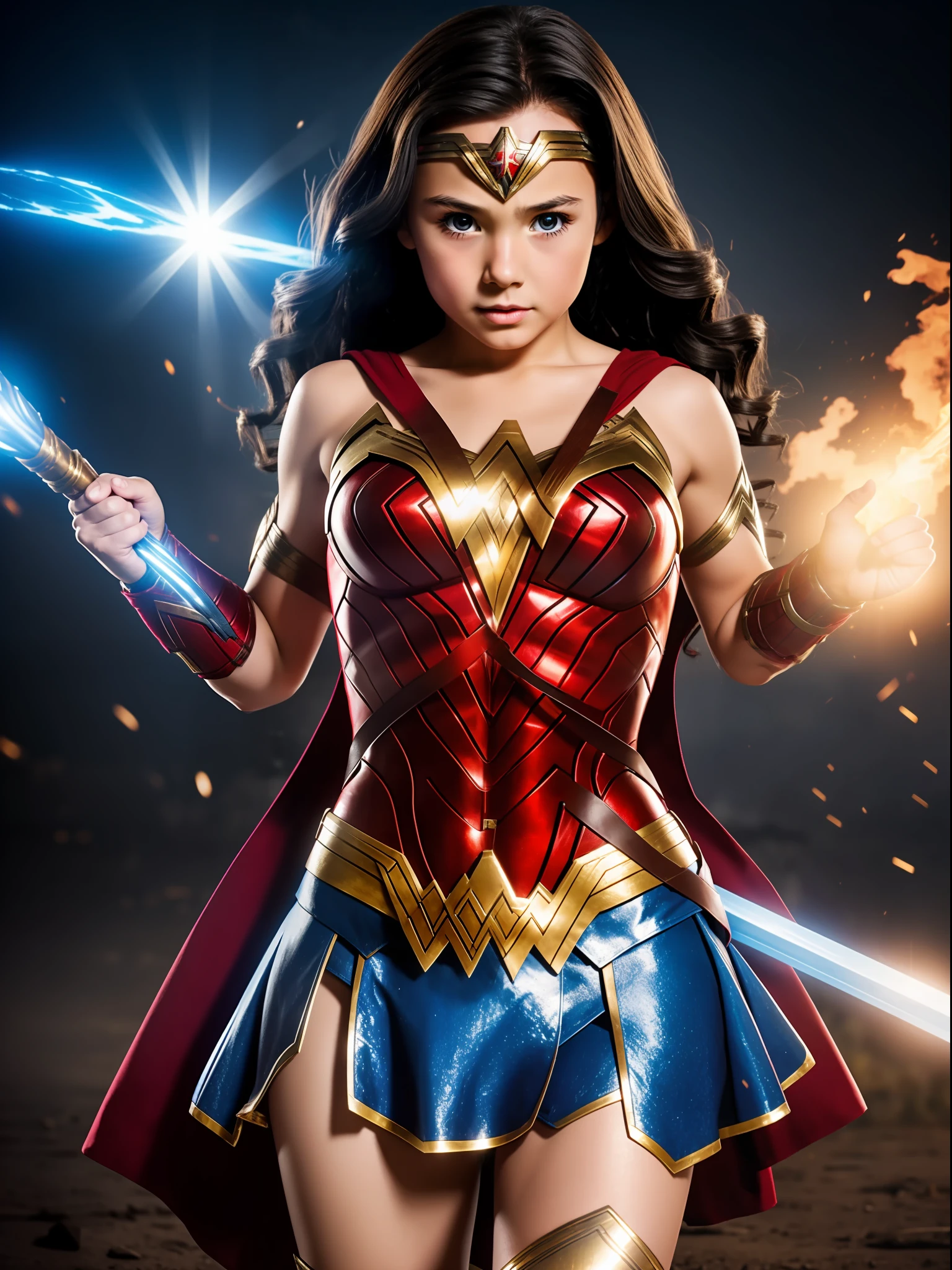one-girl,,Realiy,adolable,Put on the costume of Wonder Woman,combat scene,Launch skills