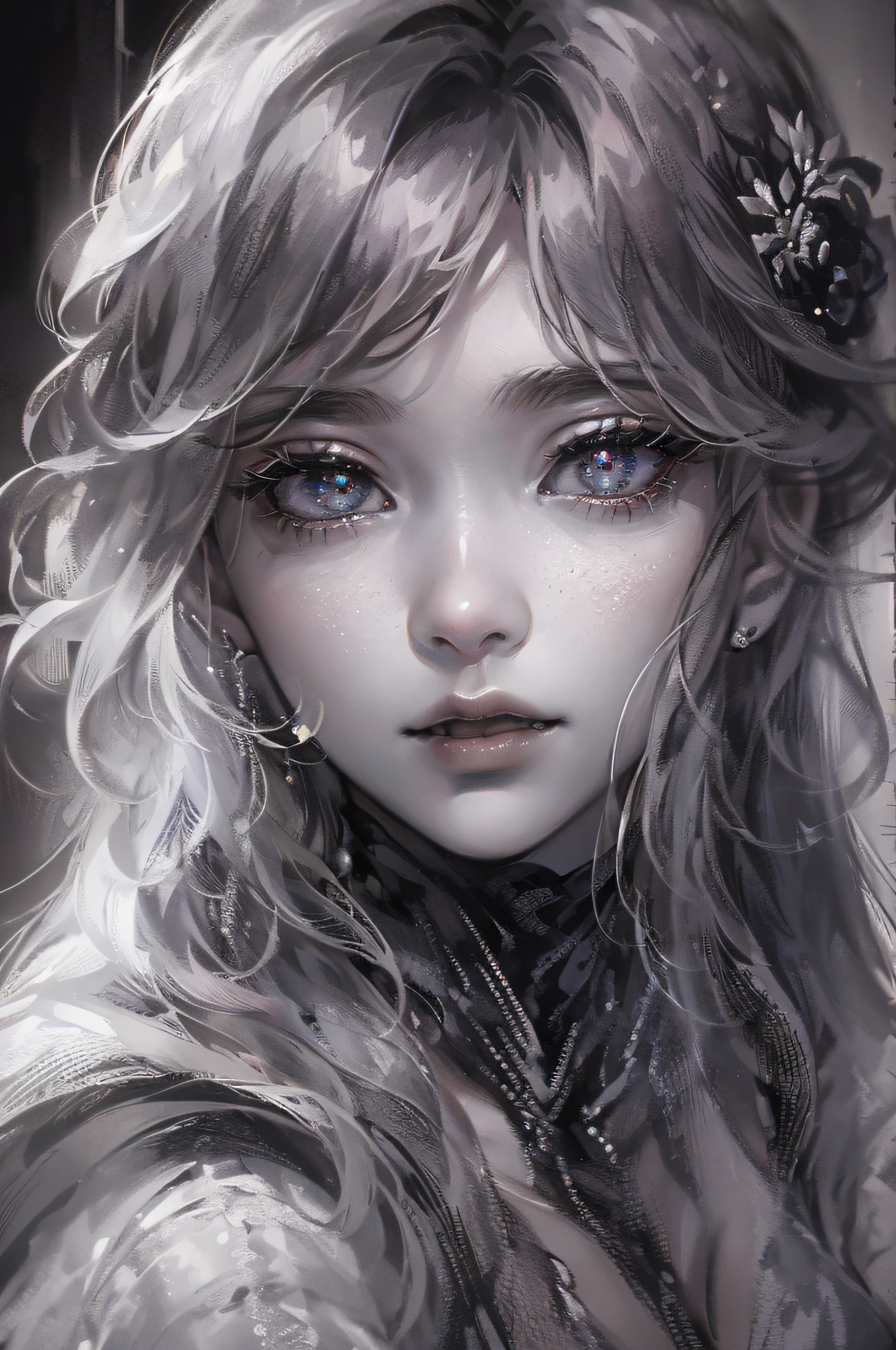 ((masterpiece, best quality, ultra-detailed, high-resolution)), solo, beautiful girl, gleaming eye, perfect eye, age 15, black white gold theme,