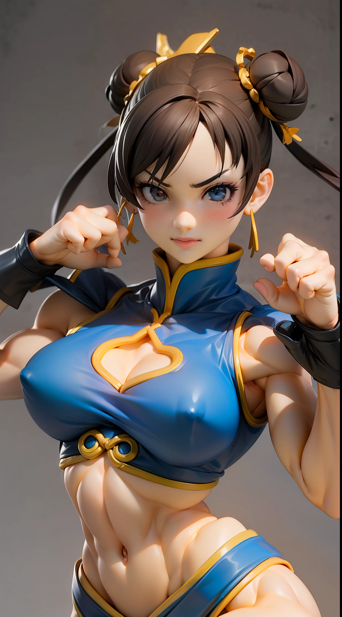 （Street Fighter Chunli），（Chun Li's classic look），（Two hair buns）Chun- li，Muscular woman posing for a photo, Crop top and（Abs）, （Small chest 1.2），（Sexy clothing 1.2），Fitness woman,  Perfect muscle structure,  athletic body build, Sexy muscles, Body movement,Attractive body,（Classic fighting moves），Bust，Kodak 135 lens，Studio lighting