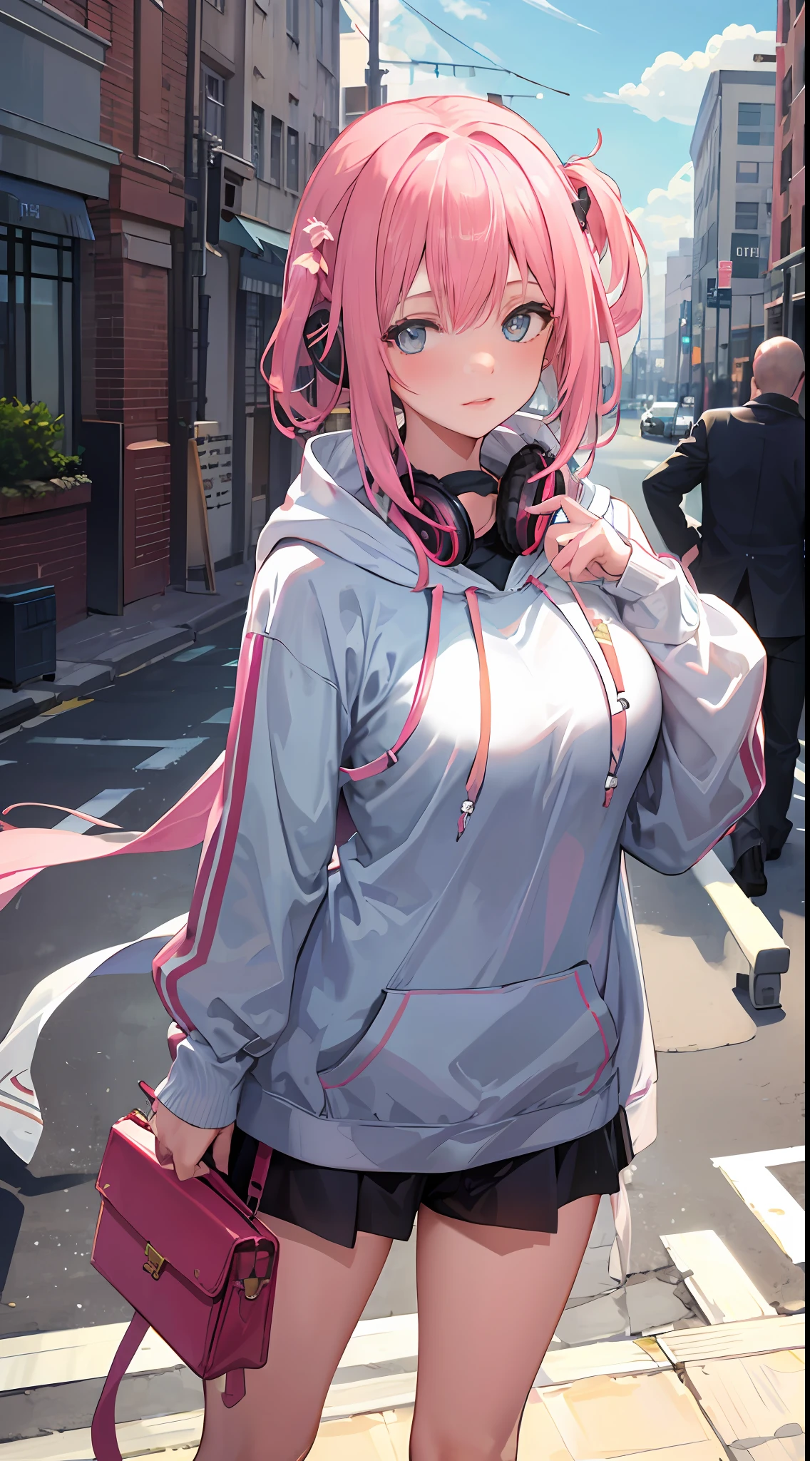 1girll,Large breasts,
Outdoors,Cityscape, street,standing,Cowboy shot,
(Hoodie),headphones around their necks,
Blush,