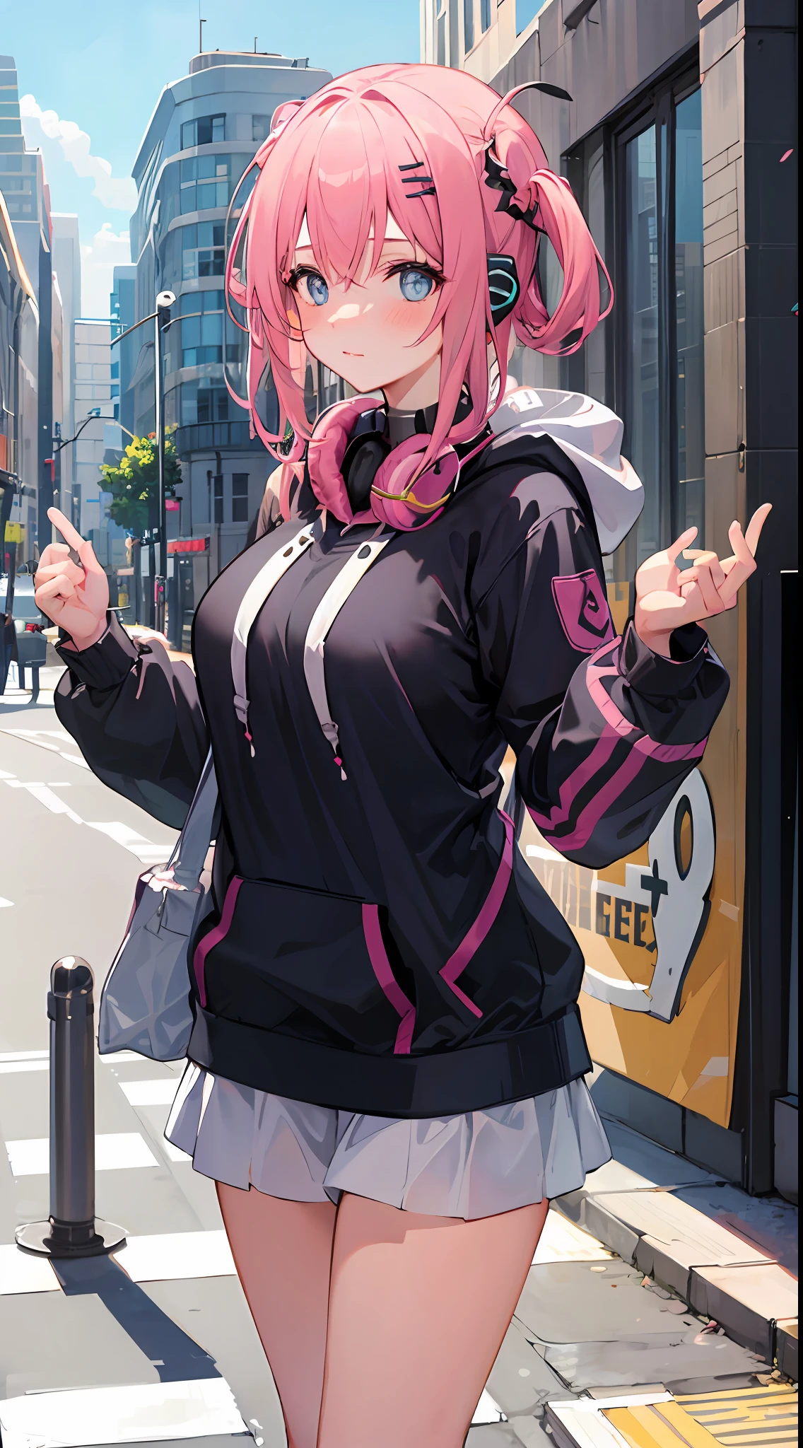 1girll,Large breasts,
Outdoors,Cityscape, street,standing,Cowboy shot,
(Hoodie),headphones around their necks,
Blush,