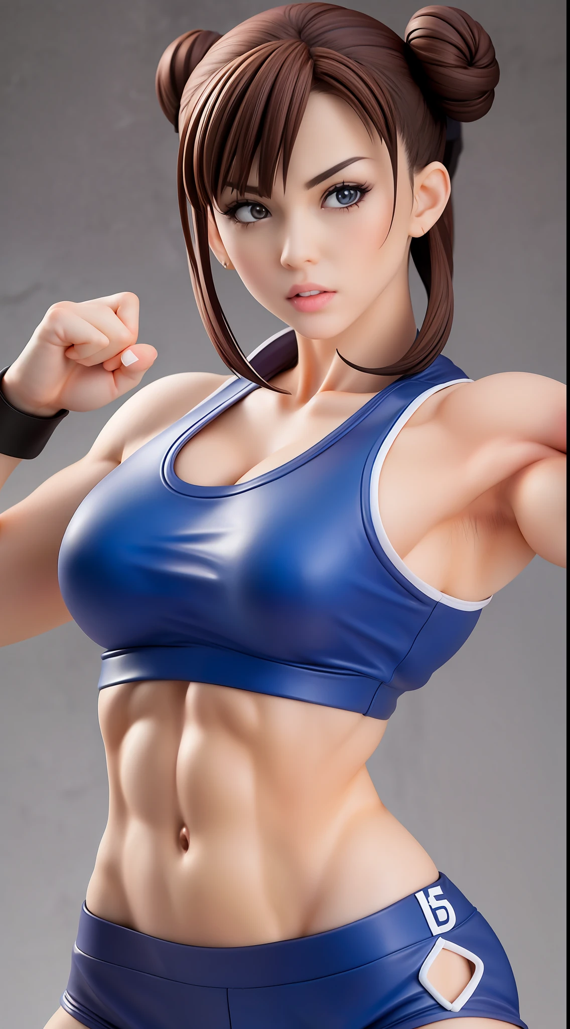 (Street Fighter Chunli),(Chun Li's classic look),(Two hair buns)Chun- li,Muscular woman posing for a photo, Crop top and(Abs), (Small chest 1.2),(Sexy clothing 1.2),Fitness woman, Perfect muscle structure, athletic body build, Sexy muscles, Body movement,Attractive body,(Classic fighting moves),Bust,Kodak 135 lens,Studio lighting