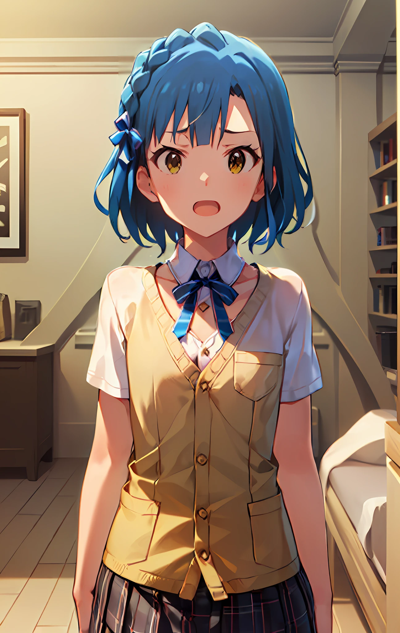 yuriko nanao (million live). Short stature. (((white t-shirts))).(((Skirt))).(((masterpiece))).(((best quality))).((Ultra-detailed))).(((illustratio))). (((fighting stance))).(((a room))).(((make a fist))).(((up chest))).Despair face.(((short-hair))).((Medium chest)).((Opening Mouth)).