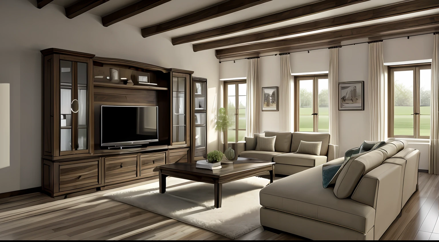 ((masterpiece,best quality,highres,sharp forcus)) (((detail forcus))) , livingroom in style of farmhouse ,((farmhouse furniture)), flat ceiling