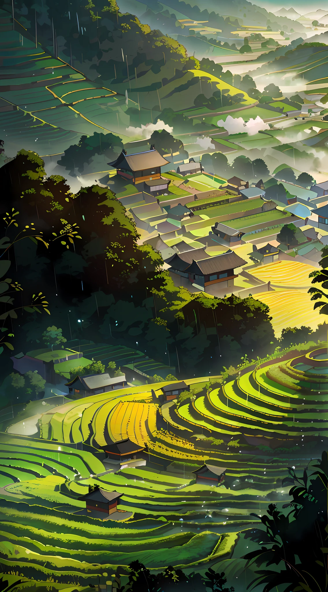 Large expanses of terraced fields, mountains, huts, with rice fields, rice fields, neat rice seedlings in the fields, misty rain, villages, agriculture, in the tranquil landscape, misty weather, in the vast tranquil landscape, in the early morning, in the morning mist, behind a small village, mist, Japanese countryside, thatched roofs --v 6