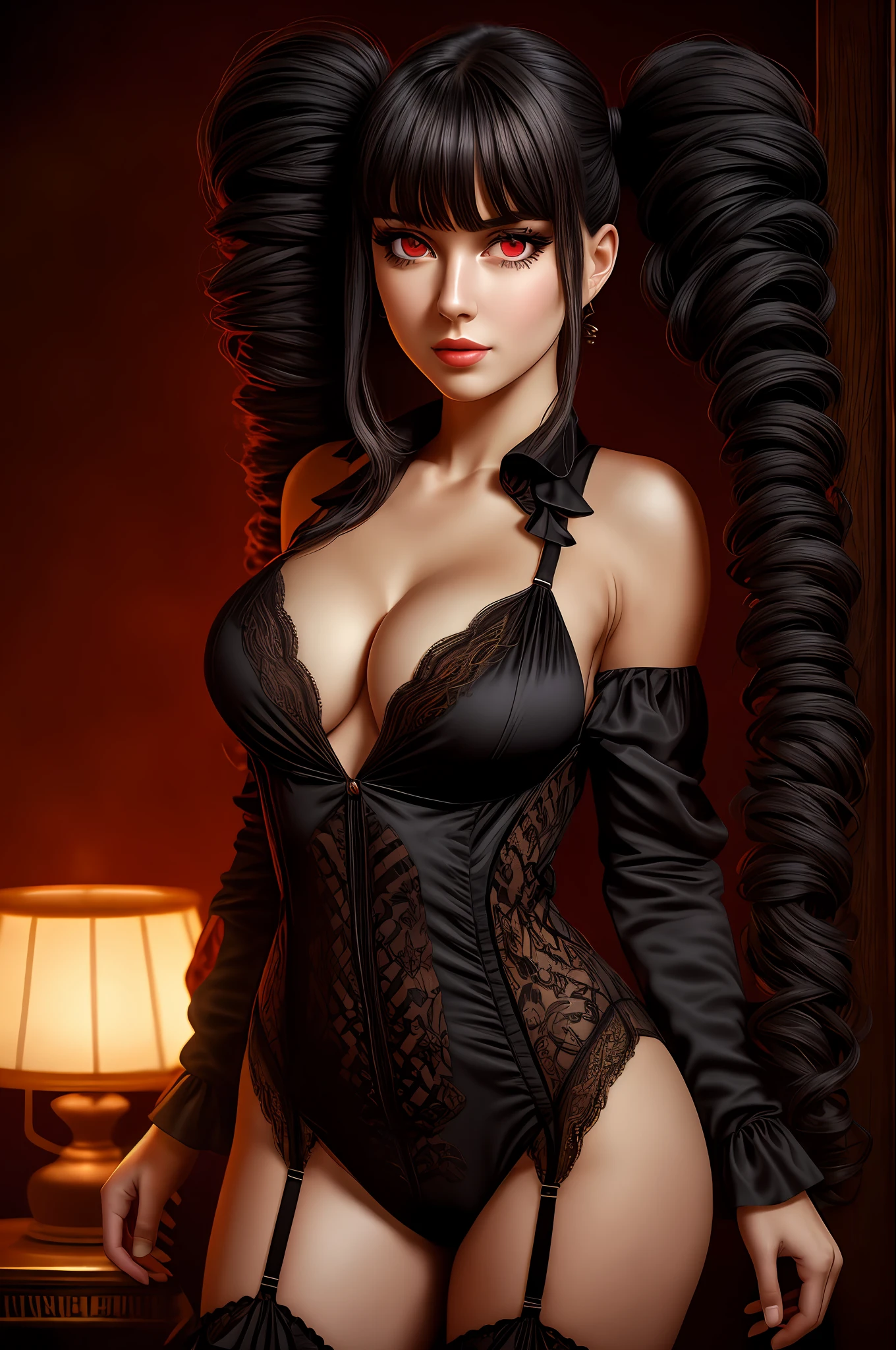 Masterpiece, absurdres,HDR,8k,best quality, ((beautifully detailed eyes and face)),
black fabric, a woman in a sexy lingerie posing for a picture ,wearing V Neck Onesie Pajamas Jumpsuit Romper Bodysuit with Drop Seat Butt Flap, Celestia Ludenburg, has black hair in two large twin-drill pigtails, red eyes