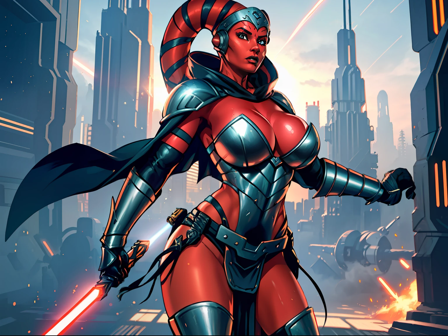running, sword fighting, lasers, explosions, action scene, fighting, masterpiece, best quality, high-definition, armor, busty, ((red skin), twi'lek), dual red lightsabers, evil space knight, space ninja, (wearing black robes, black stealth armor, breastplate, tunic, tabard, cowl, cloak, body glove, straps, buckles, skirts, long sleeves, fantasy, ((armor))), ((busty), slender body, thin, slim sexy body, slim waist, ((gigantic breasts))), Imperial starship, Star Wars, futuristic city, warzone