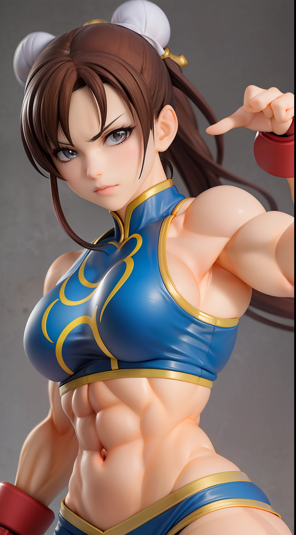 (Street Fighter Chunli),(Chun Li's classic look),(Two hair buns)Chun- li,Muscular woman posing for a photo, Crop top and(Abs), (Small chest 1.2),(Sexy clothing 1.2),Fitness woman, Perfect muscle structure, athletic body build, Sexy muscles, Body movement,Attractive body,(Classic fighting moves),Bust,Kodak 135 lens,Studio lighting