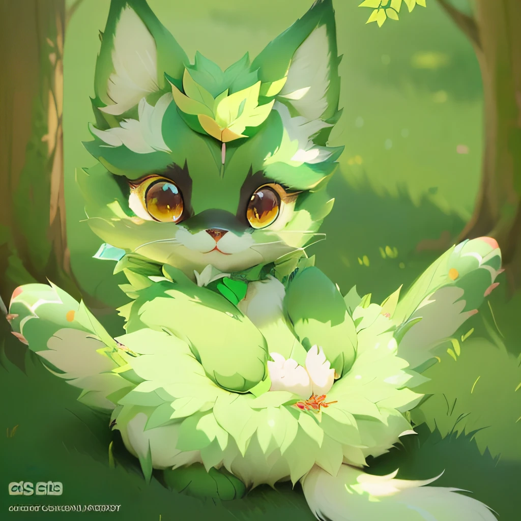 There is a cartoon cat sitting on the grass,There is a leaf on the head, lovely digital painting, digital green fox, Cute detailed digital art, very very beautiful furry art, Loish et WLOP, anime visual of a cute cat, realistic anime cat, fursona art, cute forest creature, author:Shitao, anime cat, adorable digital art