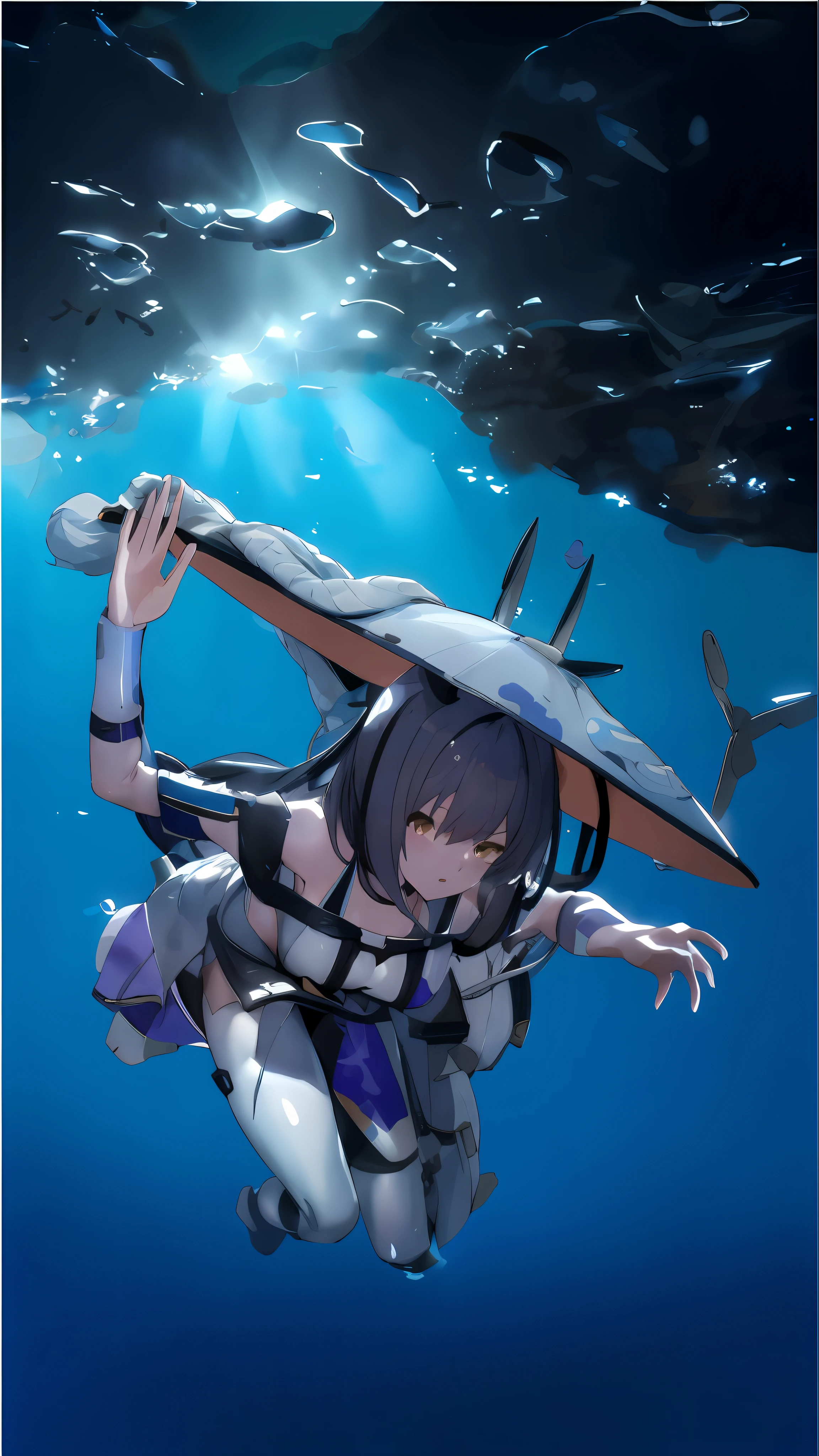 Anime girl wearing wetsuit，Sword in the water, Kantai collection style, A scene from the《azur lane》videogame, azur lane style, kantai collection arcade, kancolle, 《azur lane》role, konpeki no kantai, Best anime 4k konachan wallpaper, made with anime painter studio, From Arknights, kirokaze