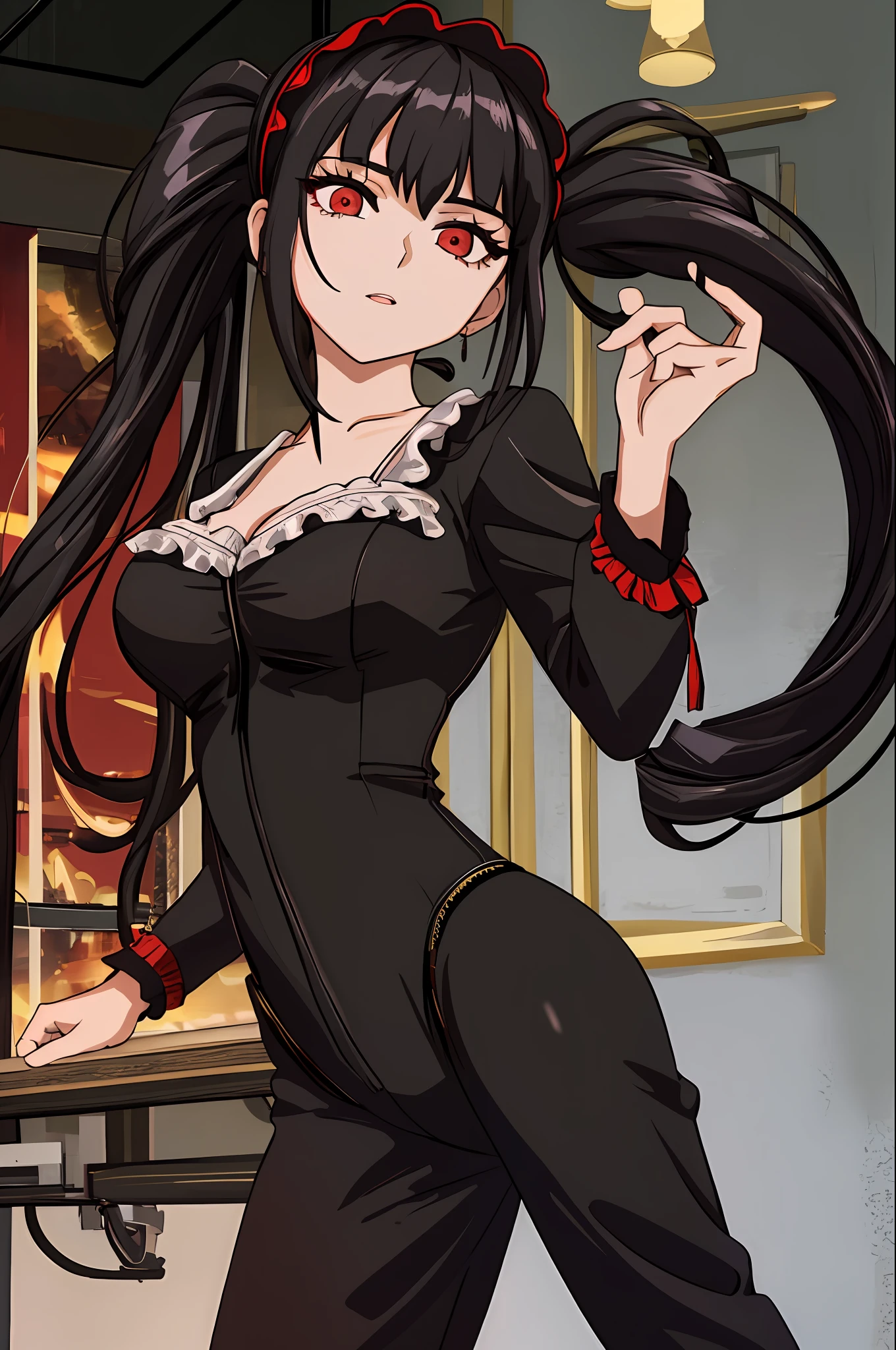 Masterpiece, absurdres,HDR,8k,best quality, ((beautifully detailed eyes and face)), black fabric, a woman in a sexy lingerie posing for a picture ,wearing V Neck Onesie Pajamas Jumpsuit Romper Bodysuit with Drop Seat Butt Flap, Celestia Ludenburg, has black hair in two large twin-drill pigtails, red eyes