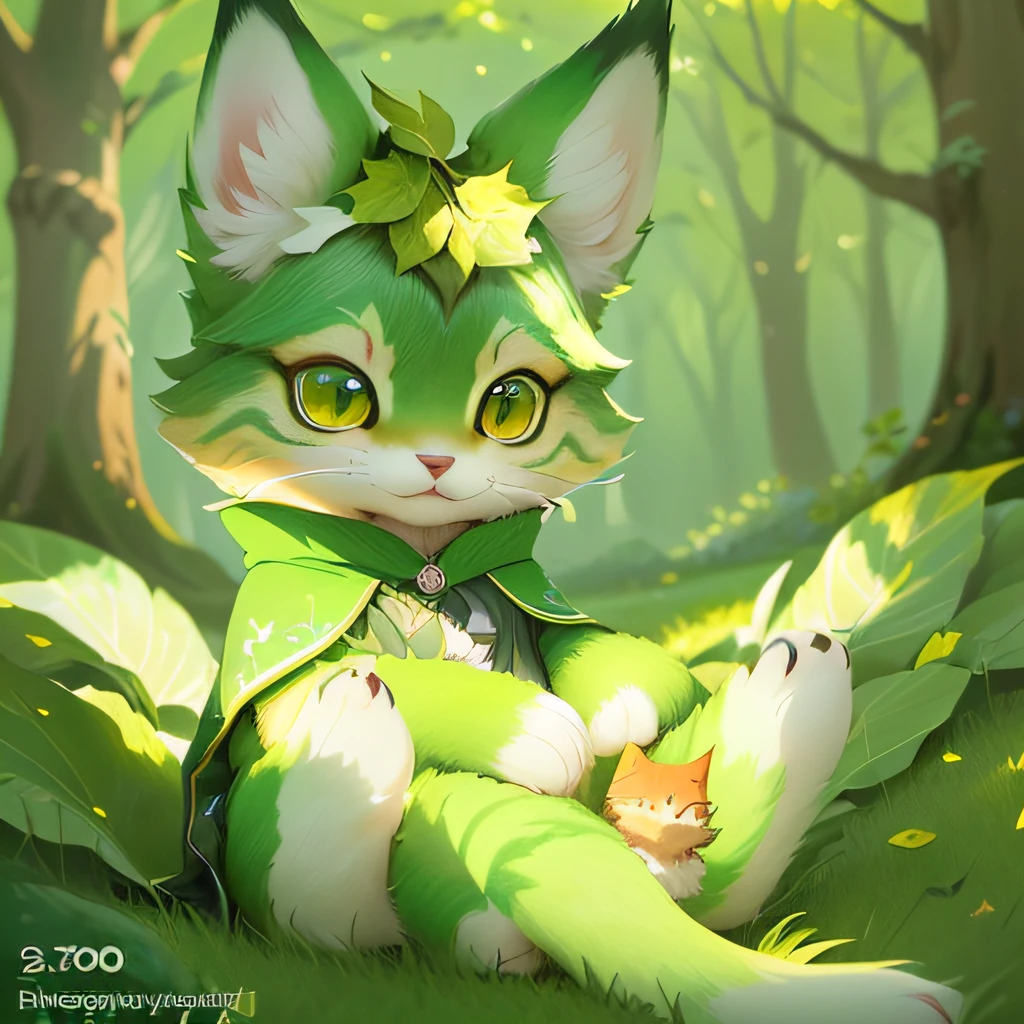 There is a cartoon cat sitting on the grass，There is a leaf on the head, lovely digital painting, digital green fox, Cute detailed digital art, very very beautiful furry art, Loish et WLOP, anime visual of a cute cat, realistic anime cat, fursona art, cute forest creature, author：Shitao, anime cat, adorable digital art