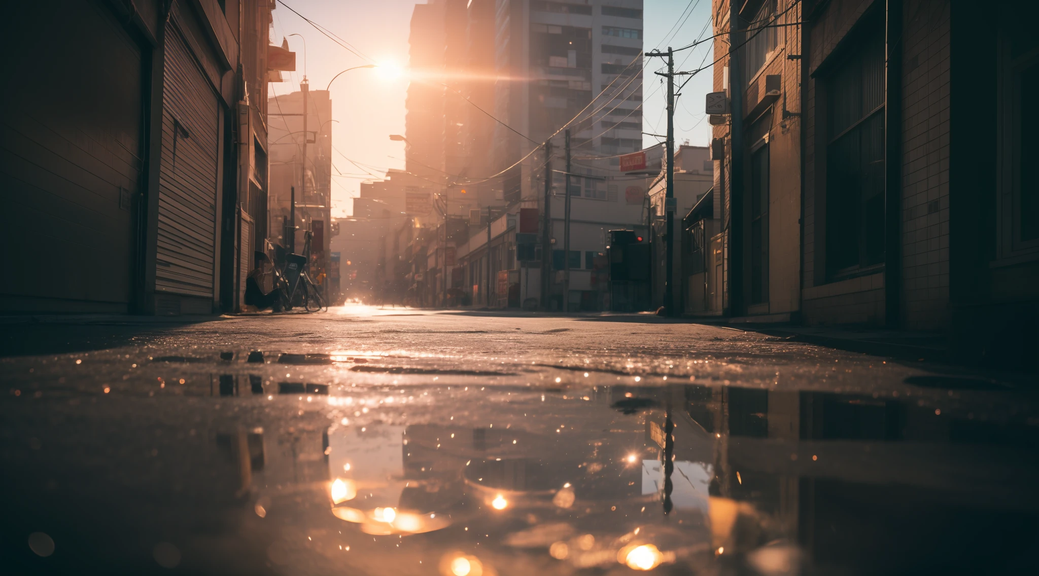 evening, Back alleys of the city, Sky reflected in a puddle on the street, sony a7, film gain, Cinematic lighting, Photorealistic, one-point perspective, 32K, diffuse reflection, colorful shiny particles, Lens Flare, sharp reflection light