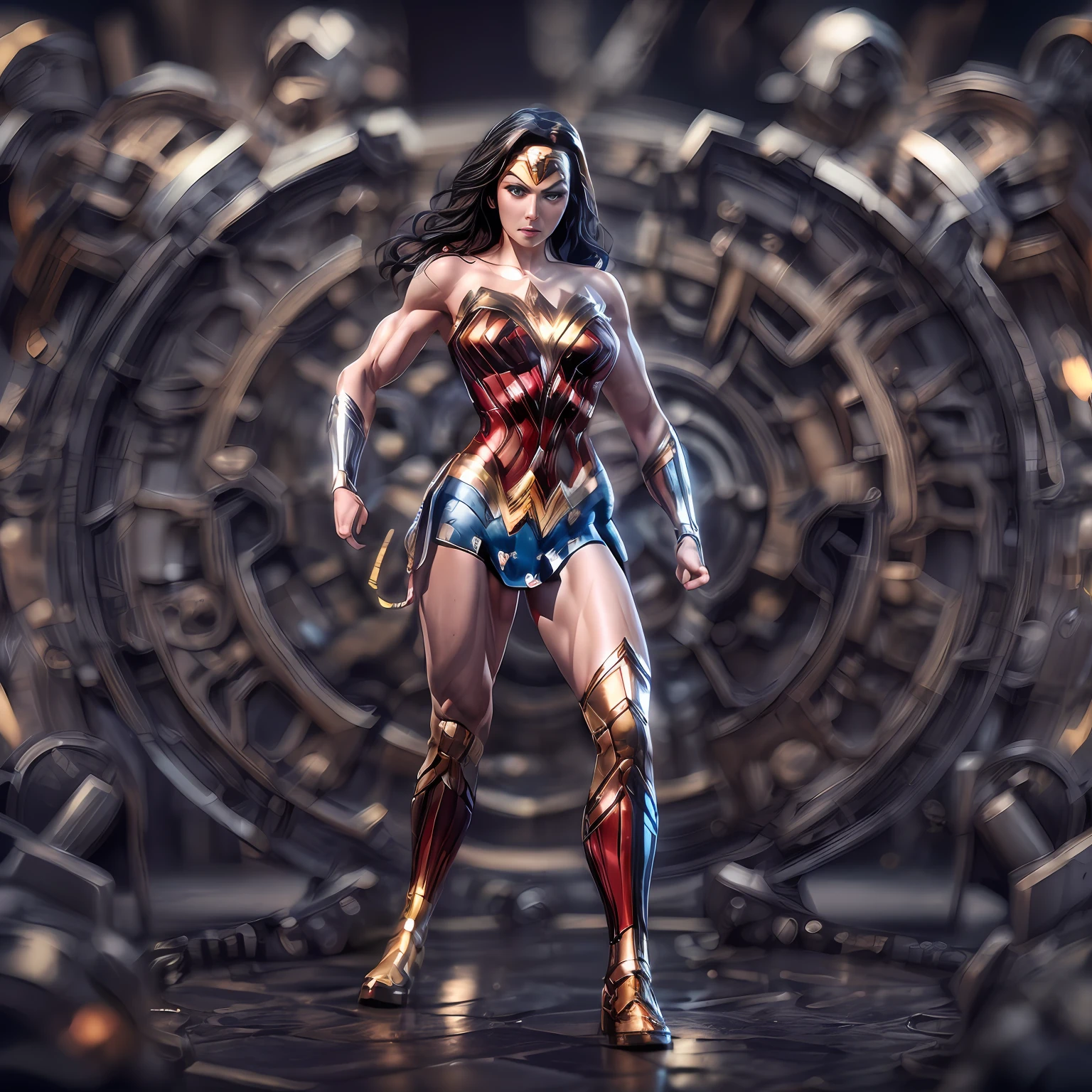 (Tilt-Shift:1.4),Mechanical style,Gold Theme,(1 mechanical female wonder woman ,anatomically correct,full body, ,wonder woman uniform, muscular, toned body, standing,circular base),Black and white background, (3D render,Best quality, high detailed, Masterpiece, offcial art, Cinematic Lighting, 4K, Chiaroscuro)