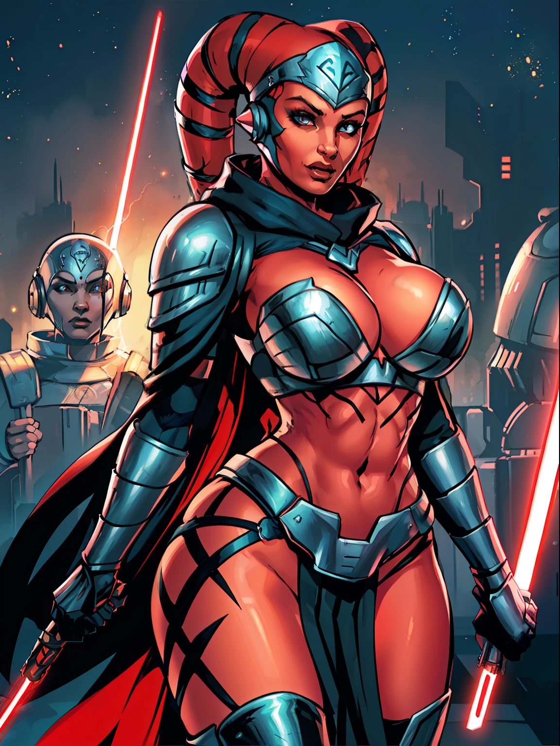 raised fist, propaganda poster, sexy pose, masterpiece, best quality, high-definition, armor, busty, ((red skin), twi'lek), dual red lightsabers, sexy evil space knight, space ninja, (wearing black robes, black stealth armor, breastplate, tunic, tabard, cowl, cloak, body glove, straps, buckles, skirts, long sleeves, fantasy, ((armor))), ((busty), slender body, thin, slim sexy body, slim waist, ((huge breasts))), Imperial starship, Star Wars, military parade