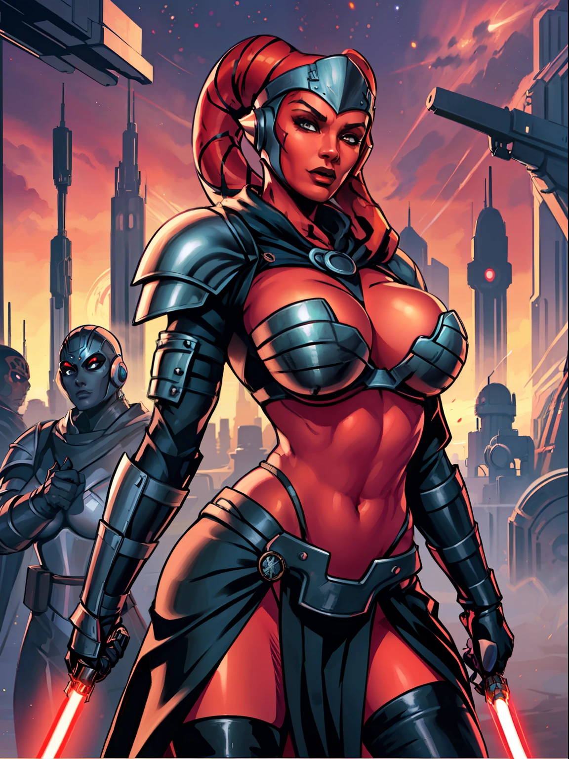raised fist, propaganda poster, sexy pose, masterpiece, best quality, high-definition, armor, busty, ((red skin), twi'lek), dual red lightsabers, sexy evil space knight, space ninja, (wearing black robes, black stealth armor, breastplate, tunic, tabard, cowl, cloak, body glove, straps, buckles, skirts, long sleeves, fantasy, ((armor))), ((busty), slender body, thin, slim sexy body, slim waist, ((huge breasts))), Imperial starship, Star Wars, military parade